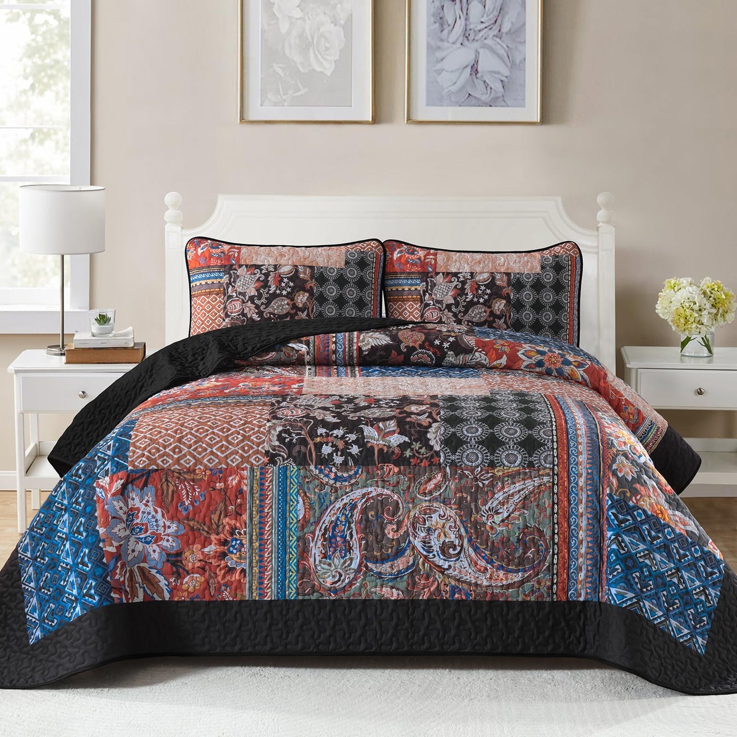DJY Patchwork Quilt Set King Size Boho Bedspread Coverlet, Black Coral 3 Pieces Paisley Floral Quilted Bedding Set, Lightweight Bohemian Farmhouse Reversible Bed Cover for All Season 110''x90''