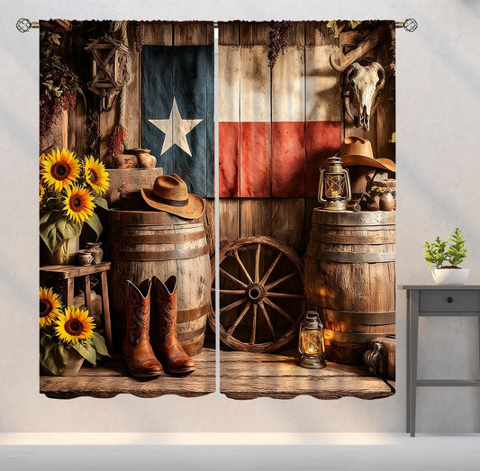 YSWOW Western Curtains, Rustic Vintage Texas Country Farmhouse Cowboy Art Printed Window Drapes for Bedroom Living Room Kitchen Decor Fabric 2 Panel 42x45 Inch 20% Shading Rate