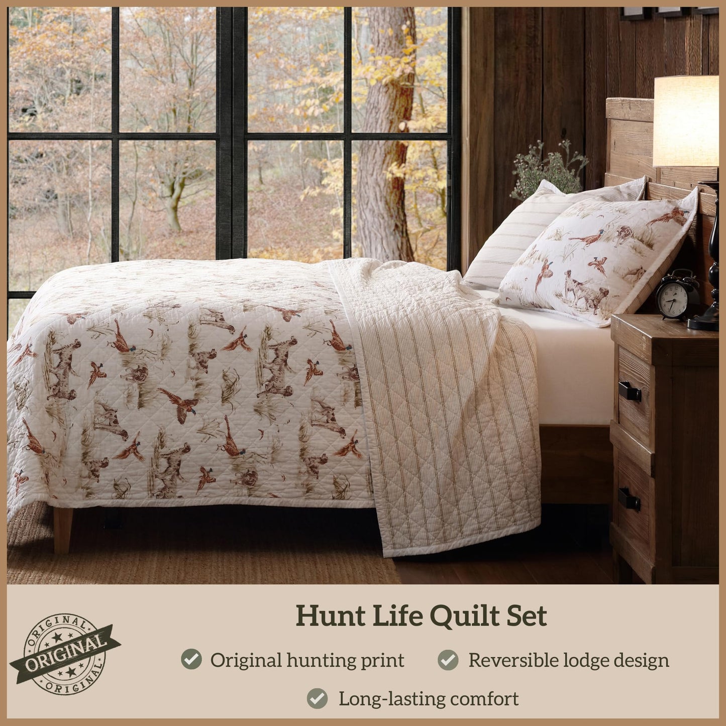 Paseo Road Hunt Life Cotton Quilt Set, 3 Piece Queen Bedding Set with Pillow Shams, White Brown Pheasant Hunting Dog Reversible Quilt Set, Soft Breathable Cozy Lightweight Quilt, Rustic Cabin Bedding