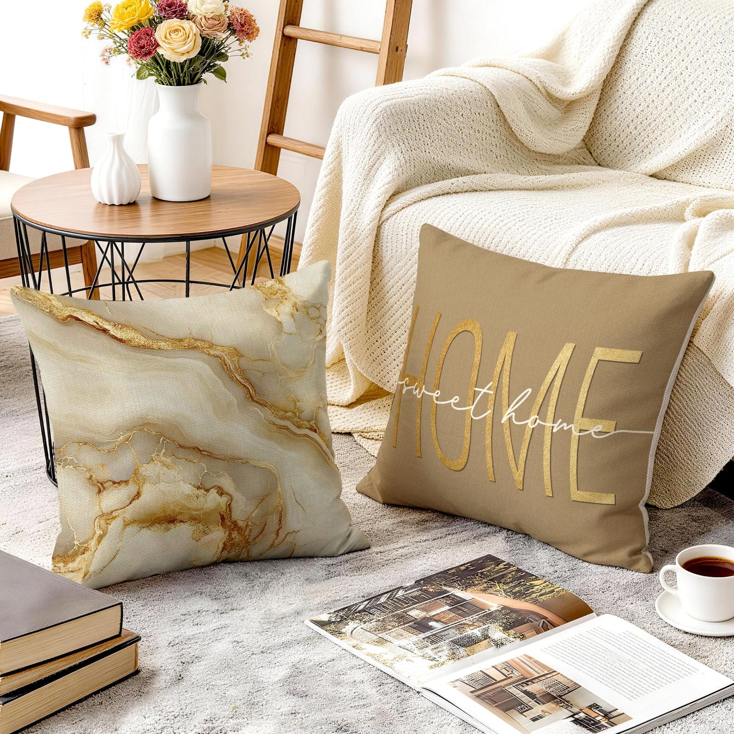 ORMAN Beige Gold 18x18 Marble Pillows Covers Set of 4 Decorative Pillowcase Cushion Cover for Car Sofa Bedroom