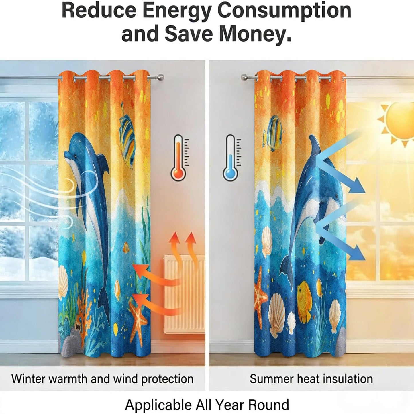 MBVZGUK Ocean Dolphin Blackout Curtains 72 Inch Long 2 Panels, Blue Underwater World Coral Tropical Fish Landscape Decor Drapes, Oil Pinting Style Curtain for Boys Girls Toddler Bedroom