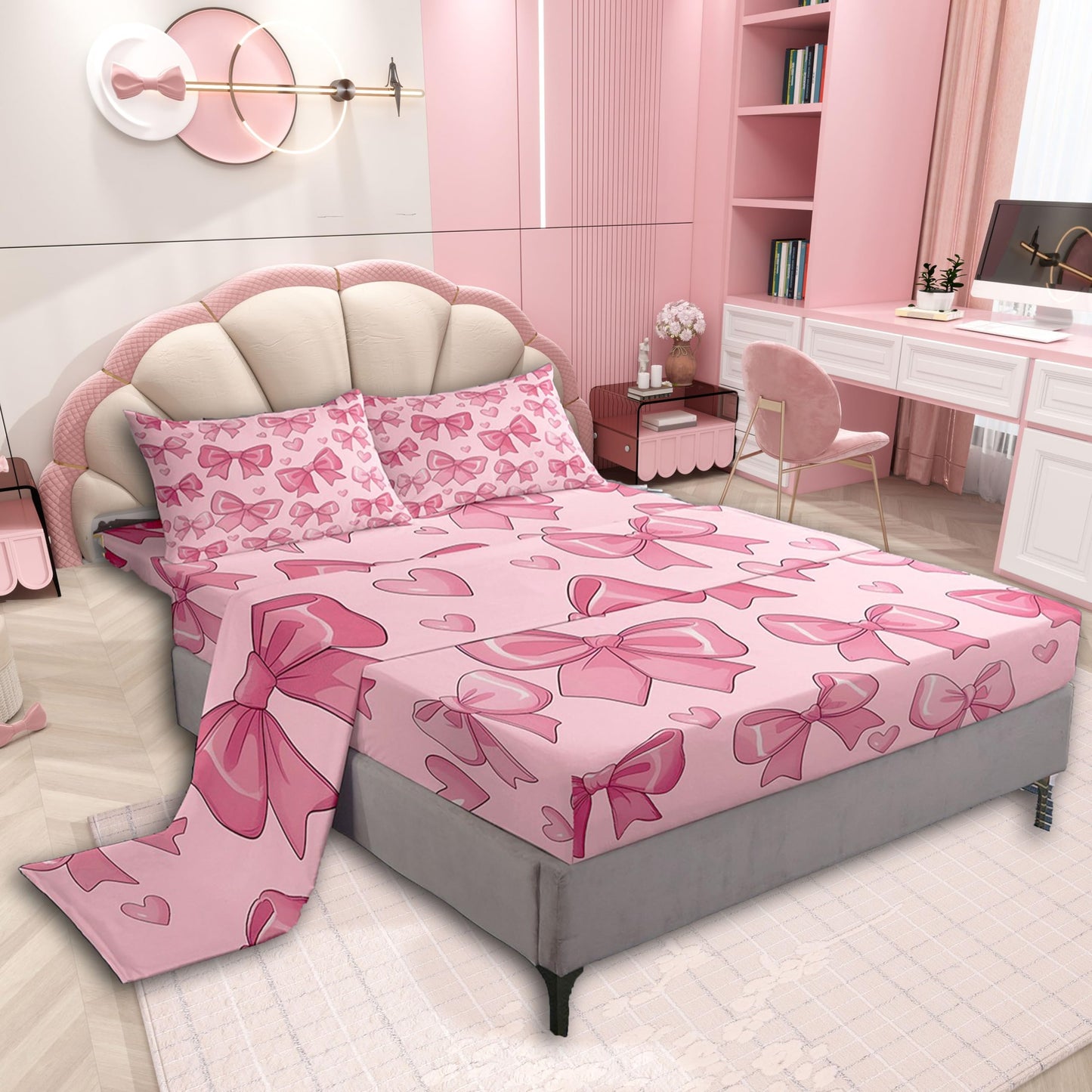 jejeloiu Pink Bow Bed Sheets Set Twin Size Bowknot Bed Set Bow-tie Deep Pocket Fitted Sheet Colourful Bowknot Breathable Soft Lightweight Microfiber