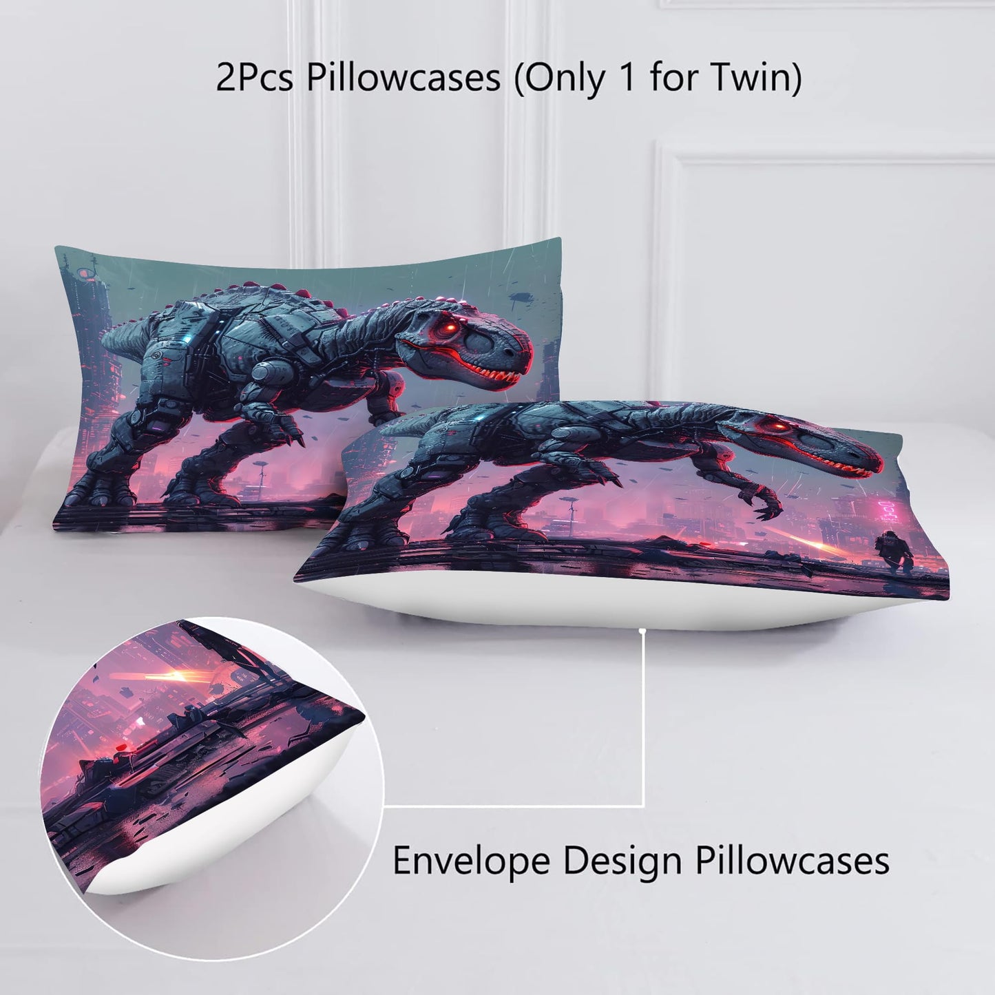VTKON Kids Dinosaur Comforter Set Queen Size Dino Bedding Set for Kids Teens 3D Printed Neon Dino Comforter Sets 3 Pcs Soft Microfiber Boys Bedroom Decor