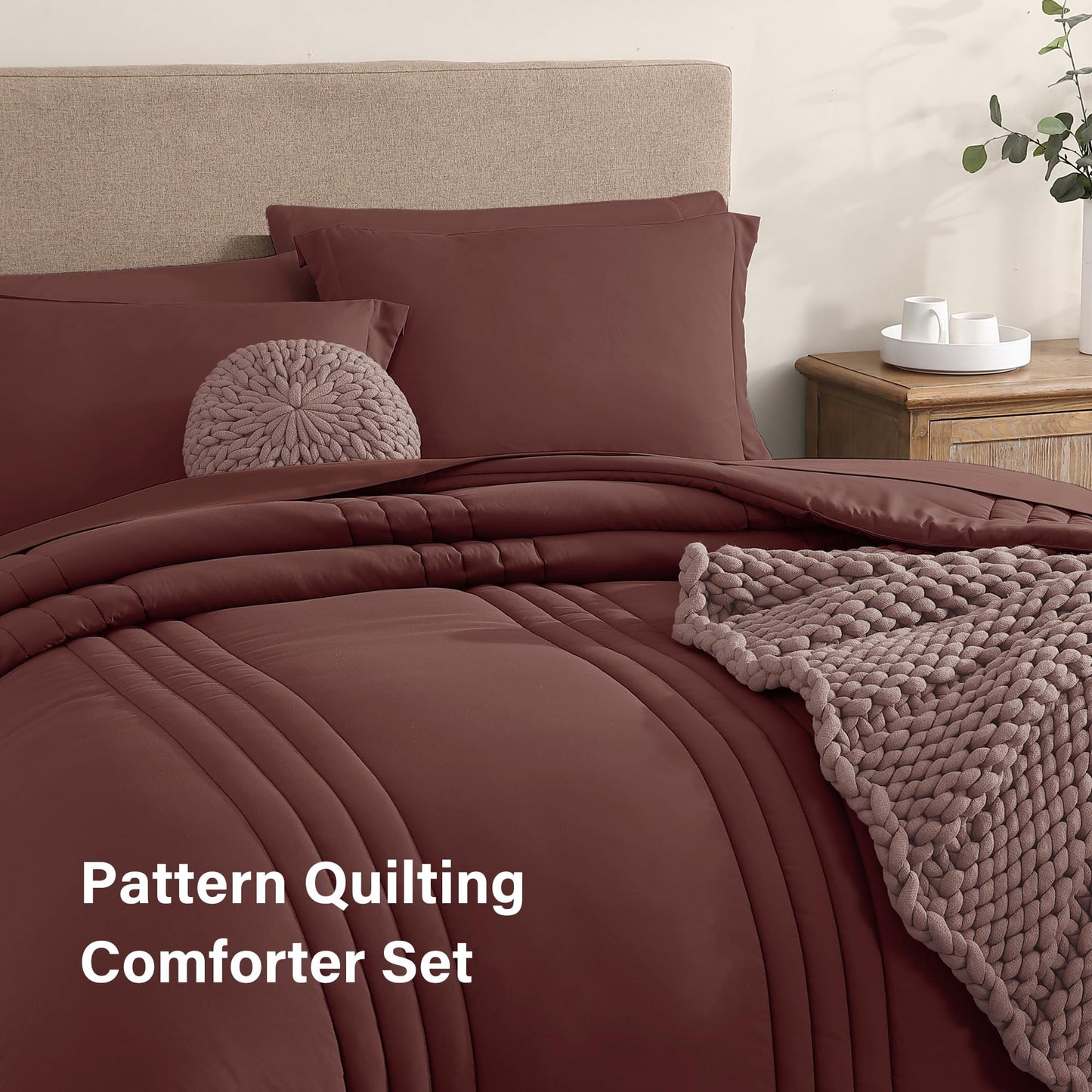 Monbix Queen Comforter Set - 7 Pieces Dark Red Bed in a Bag Queen Bedding Sets with Comforters, All Seasons Comforter Bed Set with Sheets, Pillowcases & Shams