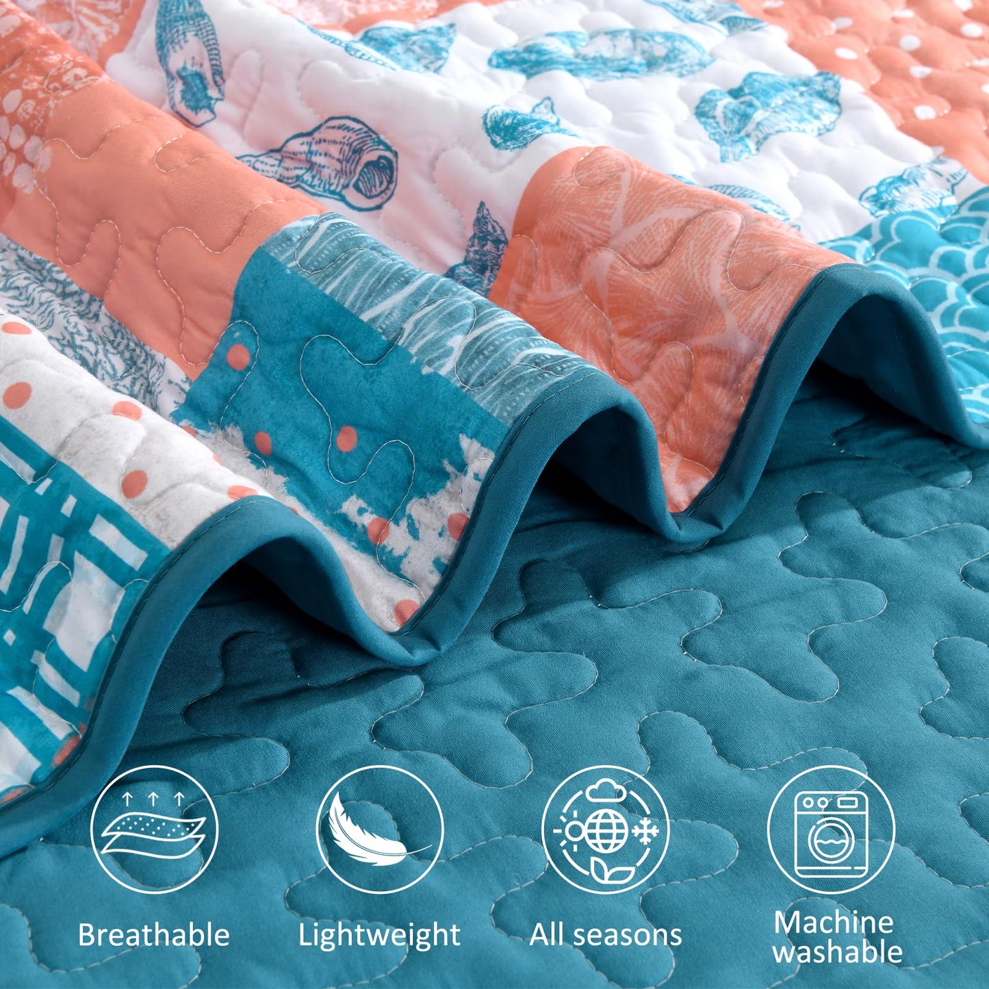 Xruibed Coral Pink Ocean Quilt Set Queen Coastal Beach Theme Quilt Soft Microfiber Bedspread with 2 Pillow Shams Patchwork Beach Bedding Quilt for All Season 90"x96"
