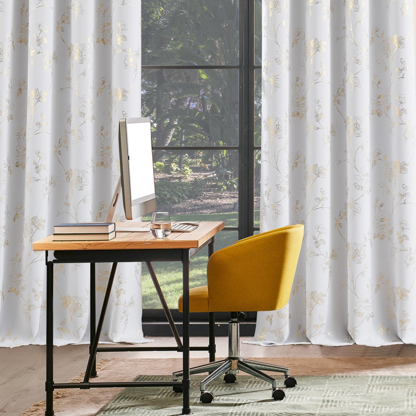 Ronaldecor Floral Full Blackout Window Curtains 84 Inches Long for Bedroom White Gold Rose Drapes Room Darkening Thermal Insulated Noise Reduction Grommet Window Treatments Sets, 52" W, 2 Panels