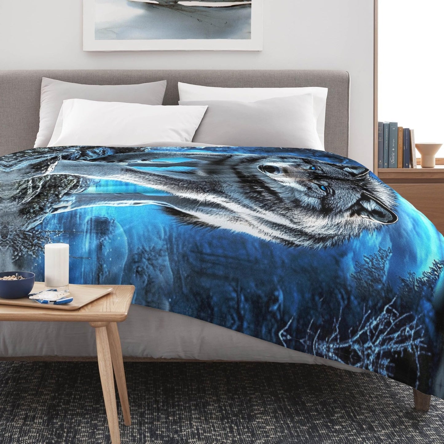 Wolf Blanket for Men Women, Super Soft Cool Blue Forest Animal Majestic Wolf Stuff Blanket Gifts for Wildlife Lovers Adults Kids Girls Boys, Warm Cozy Fuzzy Plush Fleece Flannel Throw Blankets 50"x40"