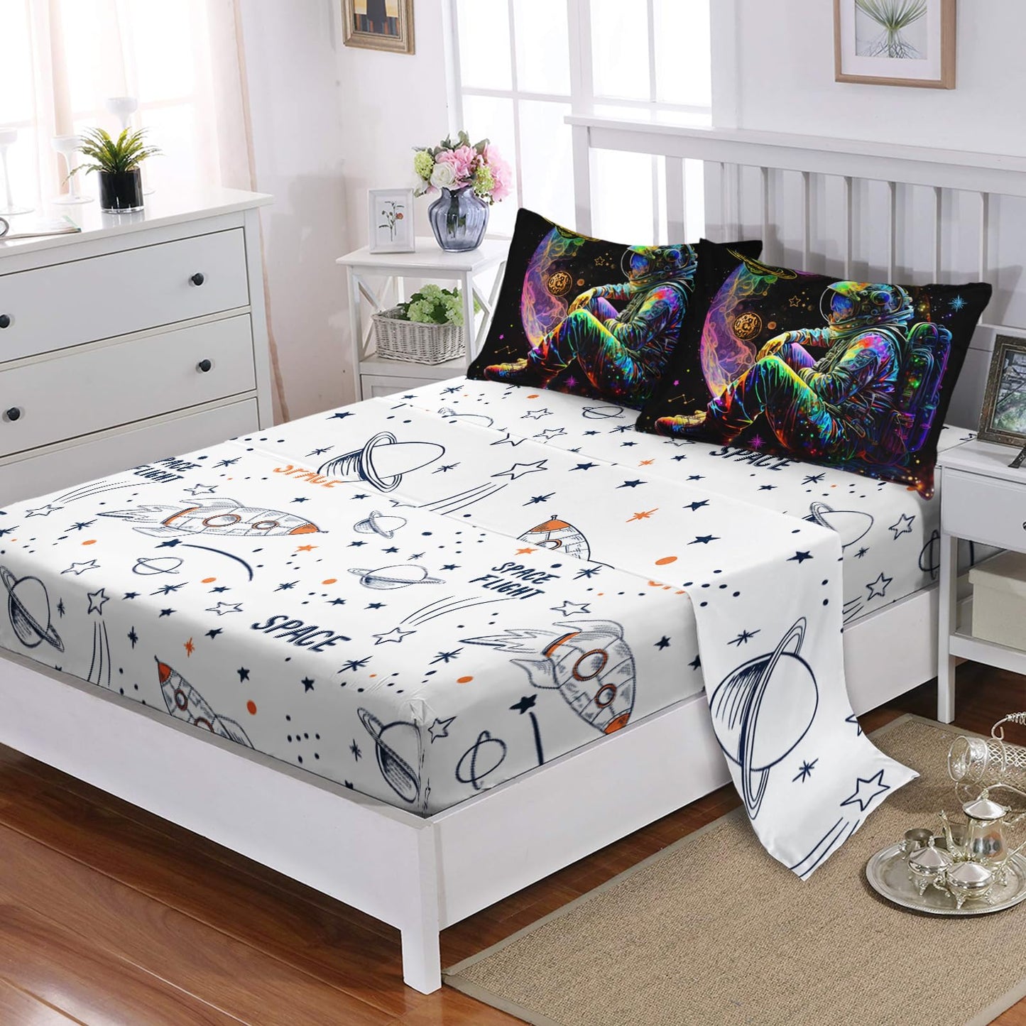 AILONEN Space Astronaut Comforter Set Twin Size,7-Piece Soft Bed in a Bag,Glowing Rocket Planet Spacemen Print Comforter & Fitted Sheet & Flat Sheet & 2 Pillowcases,2 Pillow Shams
