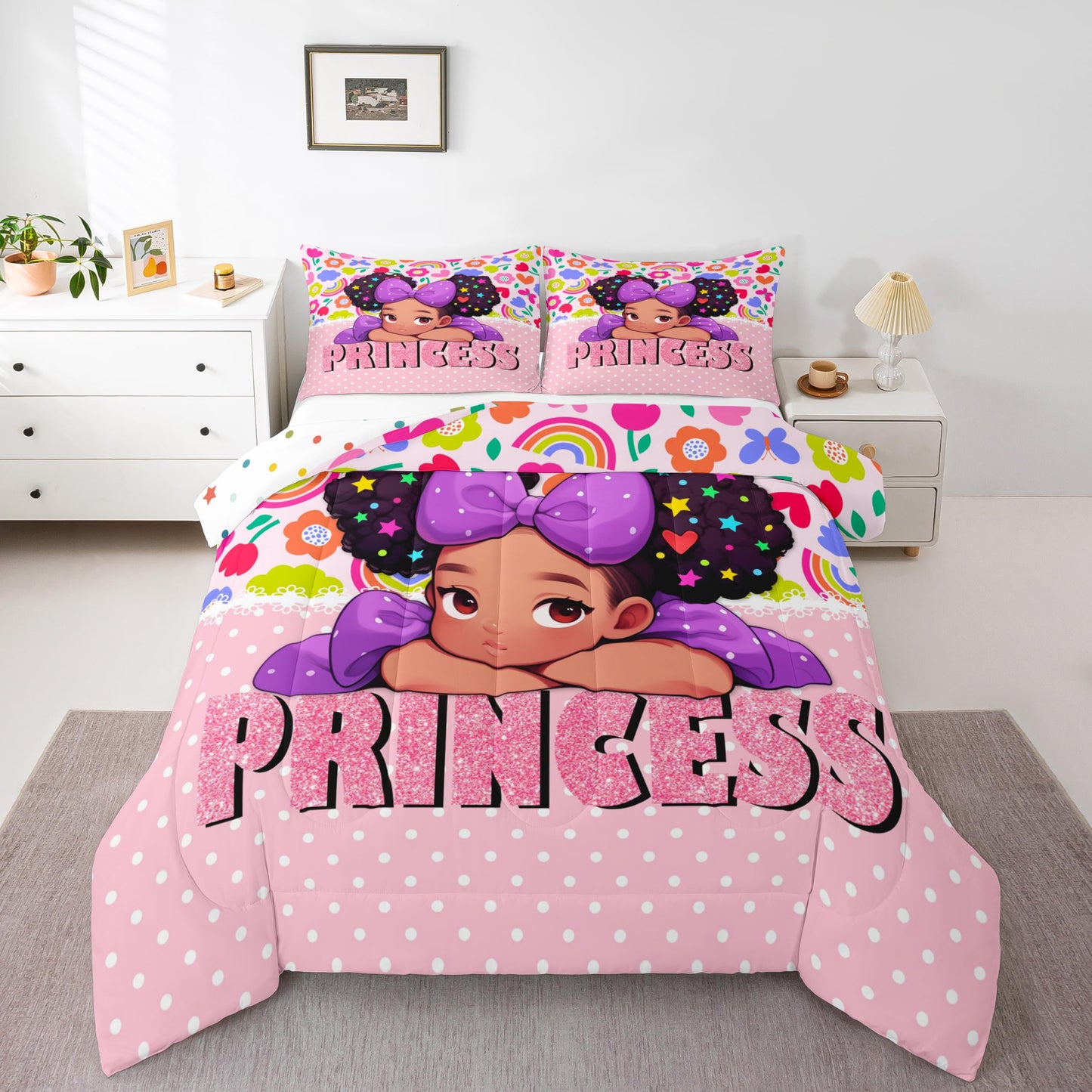 Castle Fairy African American Black Girl Comforter Set Twin Size,Pink Black Princess Girls Bedding Set,Cute Glitter Kids Quilt Set Teens Flower Star Colorful Dots Reversible Print Duvet Insert 2Pcs