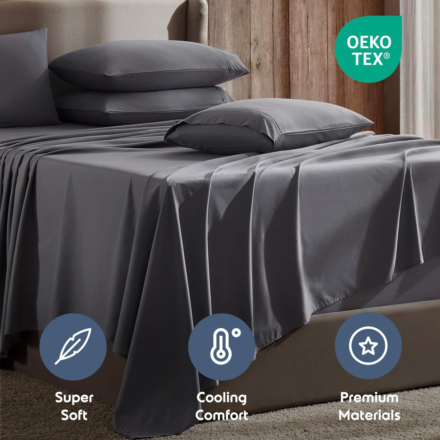 Nestl Extra Deep Cal King Sheet Set - 6 Piece Breathable & Cooling Sheets - Hotel Luxury Bedding Set w/18-24 Inch Deep Pockets - Easy & Secure Fit - Super Soft, Wrinkle Free & Comfy - Dark Gray