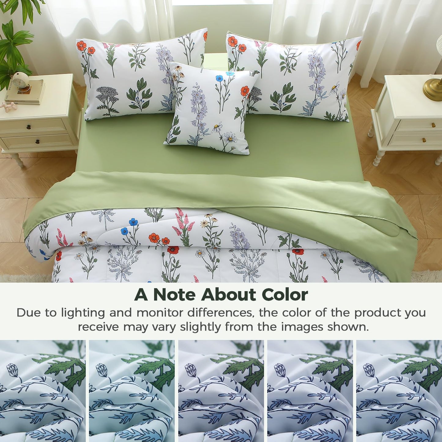 JQinHome Queen Comforter Set - 6 Pieces White Botanical Floral Reversible Green Solid Bedding Set, Bed in a Bag with Microfiber Comforter, Sheets & Cushion Cover, Edredones Queen Set Completo