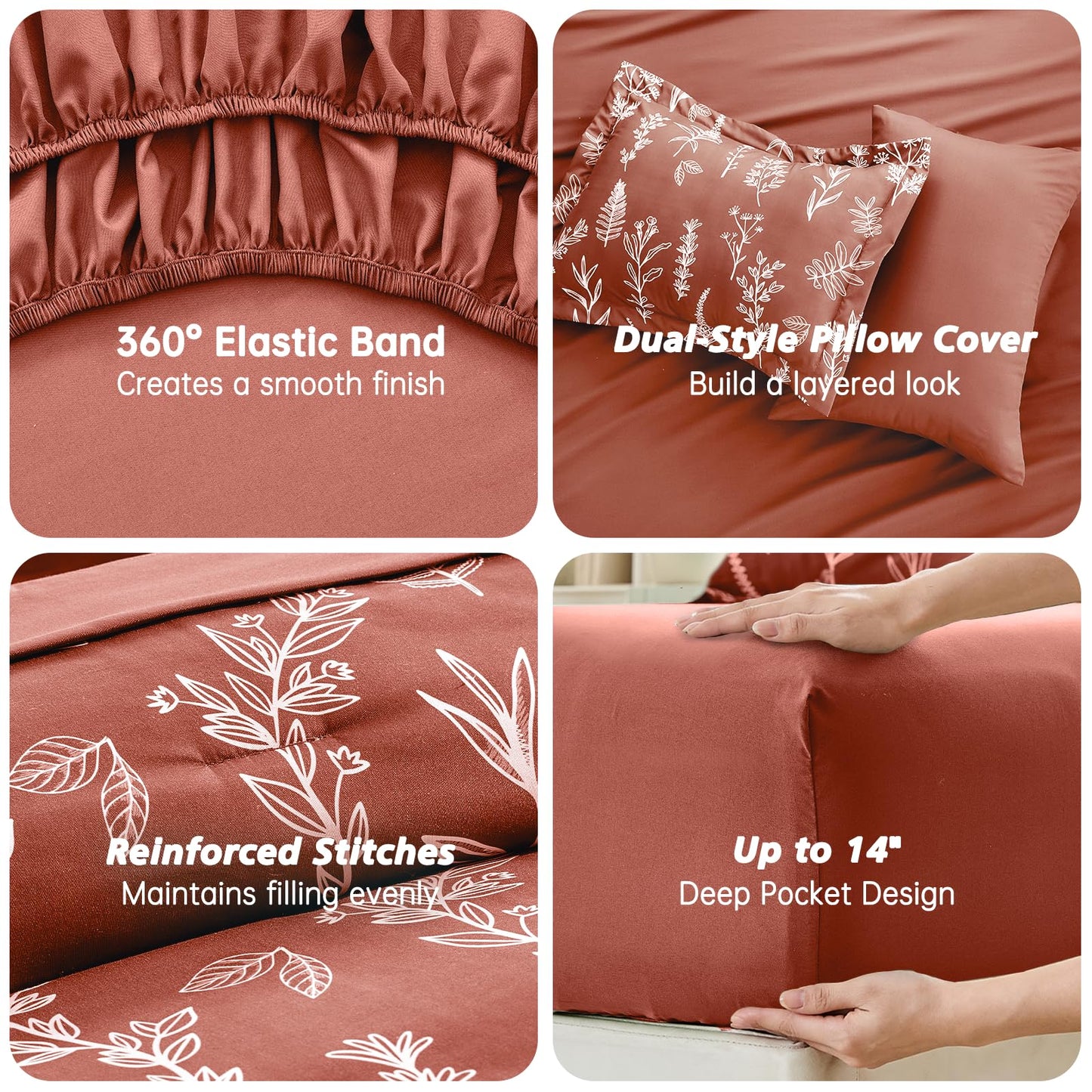 MUXHOMO Terracotta Bed in a Bag Queen 7 Pieces, Queen Comforter Set Reversible Botanical Flowers Design, Ultra Soft & Breathable Bedding Sets with Comforter, Sheets, Pillowcases & Shams
