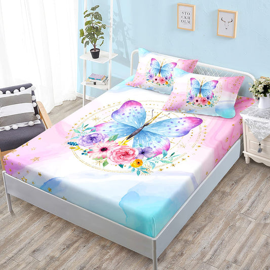 HOSIMA Butterfly Fitted Sheet for Girls,Pink Butterfly Floral Bed Cover Full Sized for Girls Women Bedroom Decor,Golden Star and Colorful Flowers Pattern Bedding Set,1 Fitted Sheet+2 Pillowcases.