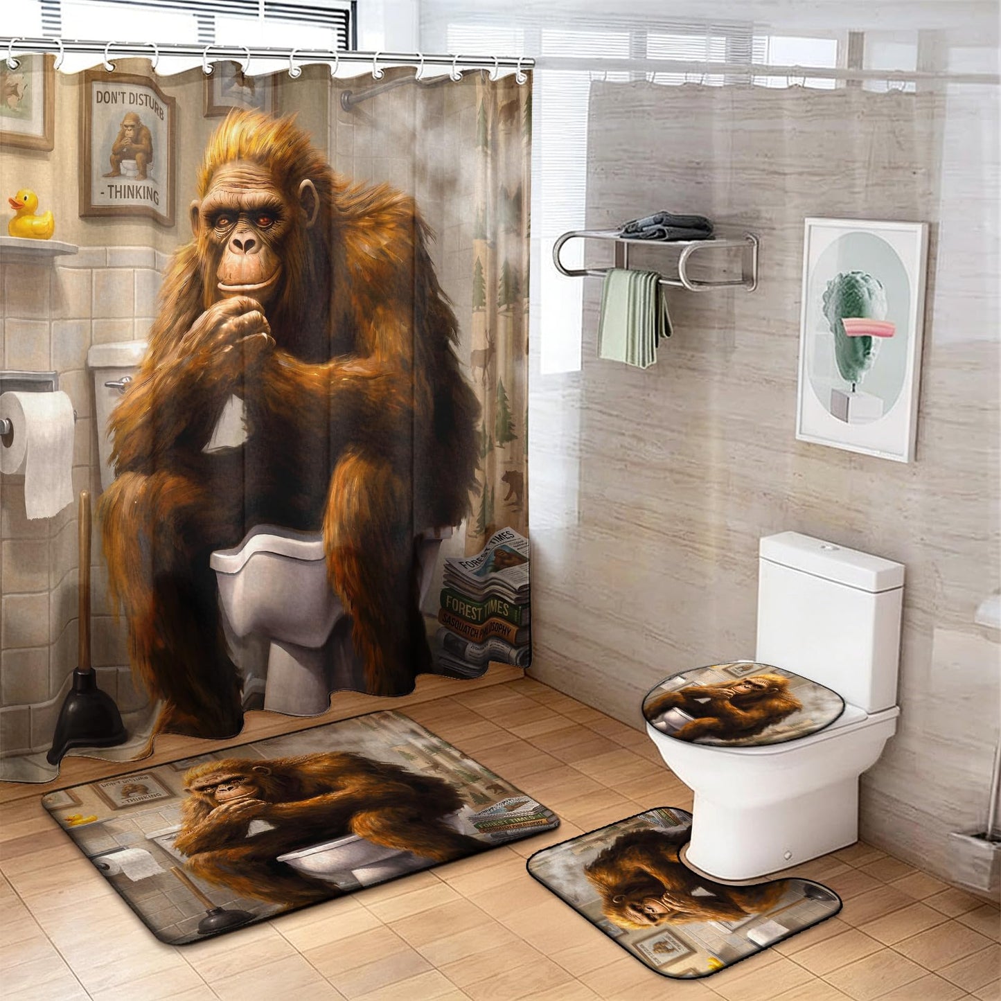 4 Piece Bigfoot Shower Curtain Sets with Non-Slip Bath Rugs, U-Shaped Mat & Toilet Lid Cover, 72x72 Inches Shower Curtain with 12 Hooks (Bigfoot Sitting On Toilet, Bigfoot Sitting On Toilet)