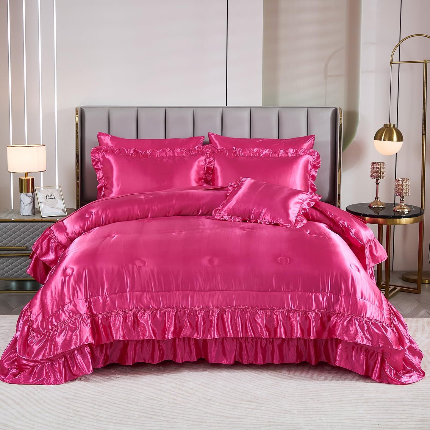 Satin Bed Set King Size,Luxuxy Satin Comforter Set with Sheets,Hot Pink Comforter Set,Silk Like Satin Bedding,8-Piece Ruffle Comforter Bed in a Bag Set, Pink Aesthetic Bedding Set