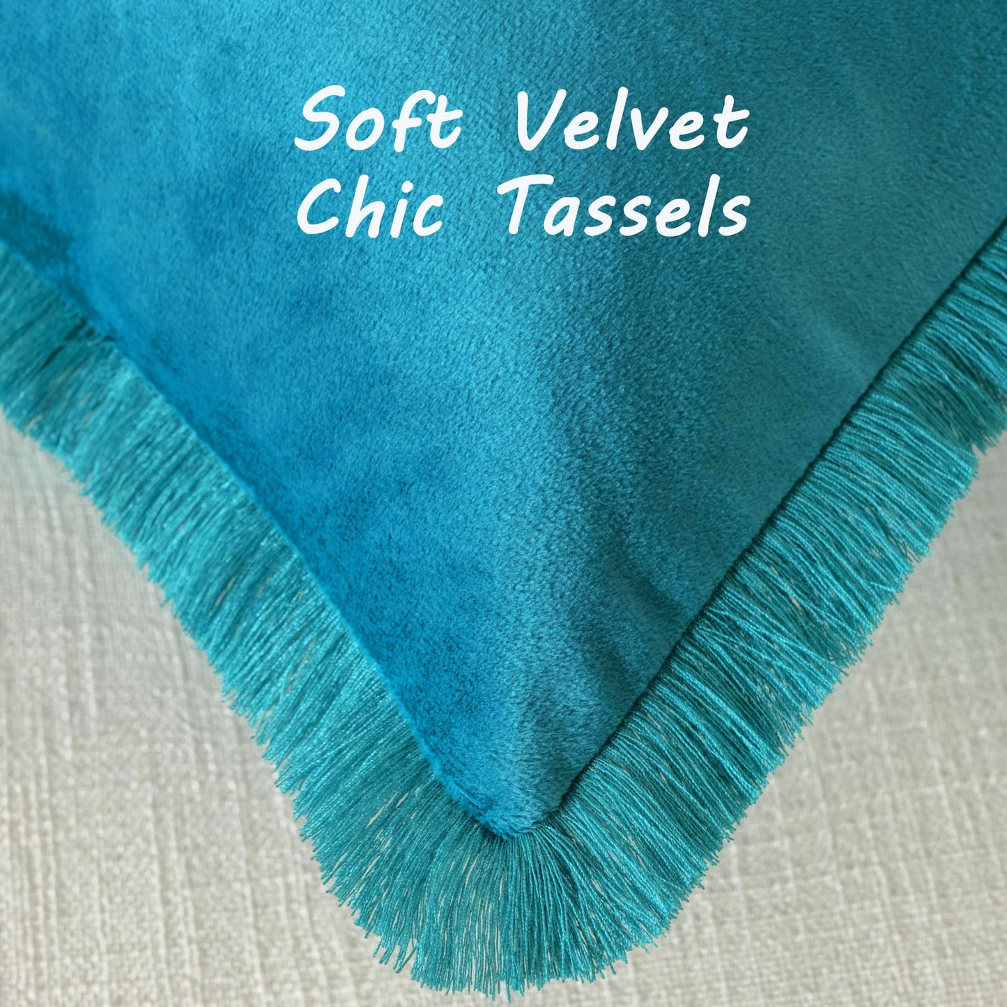 FUTEI Teal Velvet Decorative Throw Pillow Covers 18x18 Set of 2,Soft Cozy Edge with Tassels Cushion Case,Boho Modern Home Decor for Couch Bed Living Room