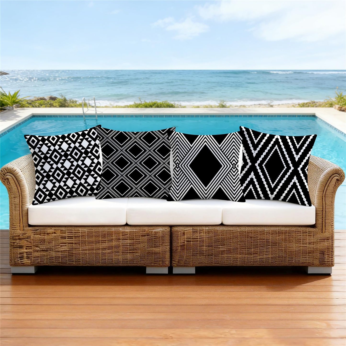NIGHTWISH Outdoor Waterproof Pillow Covers 18x18 Set of 4 Black and White Modern Geometry Decorative Outdoor Throw Pillows Boho Cushion Cases for Patio Furniture Bench Couch Sunbrella