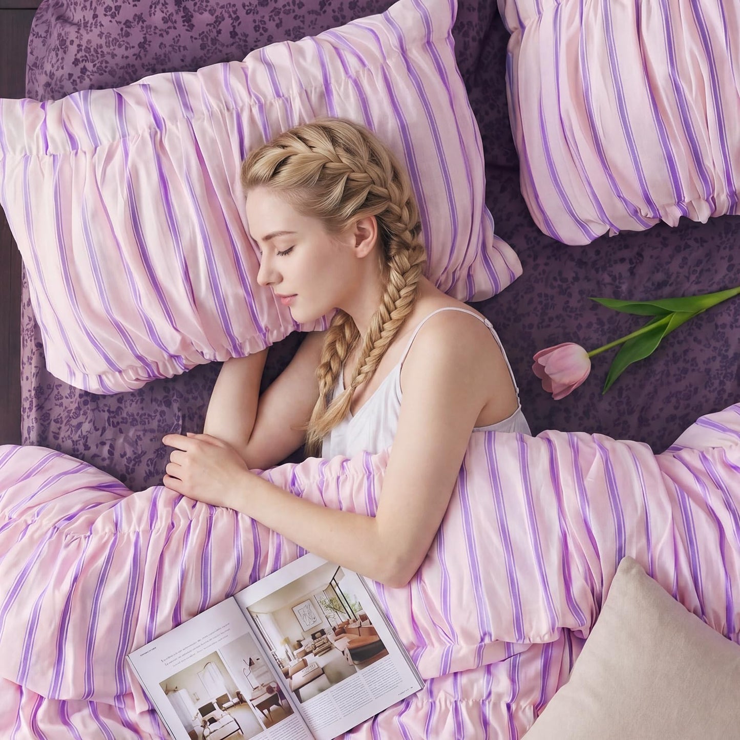 Merryword Pink Ruched Duvet Cover Set Queen Size 100% Cotton Bedding Set Pink and Purple Striped Aesthetic Duvet Cover with Zipper Closure and 8 Corner Ties