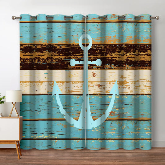 Jekeno Nautical Anchor Blackout Curtains Nautical Anchor on Vintage Wooden Board Home Bedroom Living Room Decor Grommet Window Drapes 2 Panel Set, 52"x84"