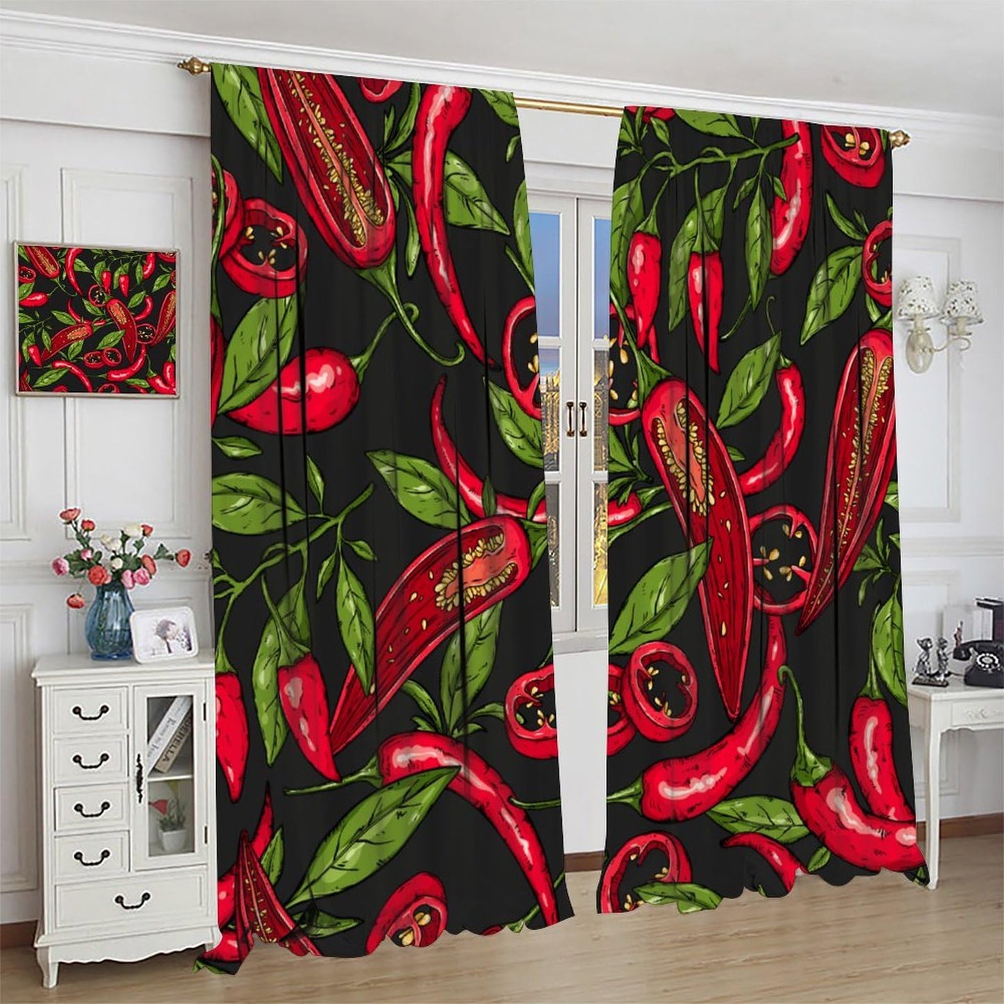 BenYaSong Chilli Long Decor Window Curtain，Mexican Hot Slices Halves Pieces Organic Healthy Farm Agriculture Leaf for Home Kitchen Restaurant Decoration Window Curtain 2Panel 42" W X 45" L