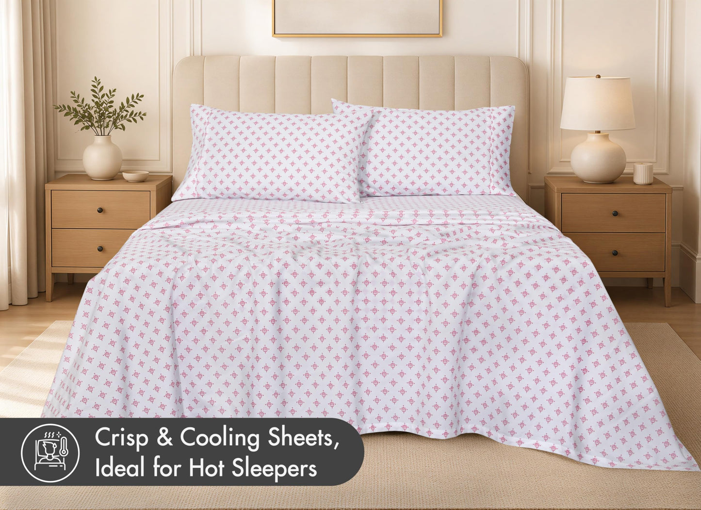 RUVANTI 100% Cotton Percale Sheets Queen Size, Block Print Motif