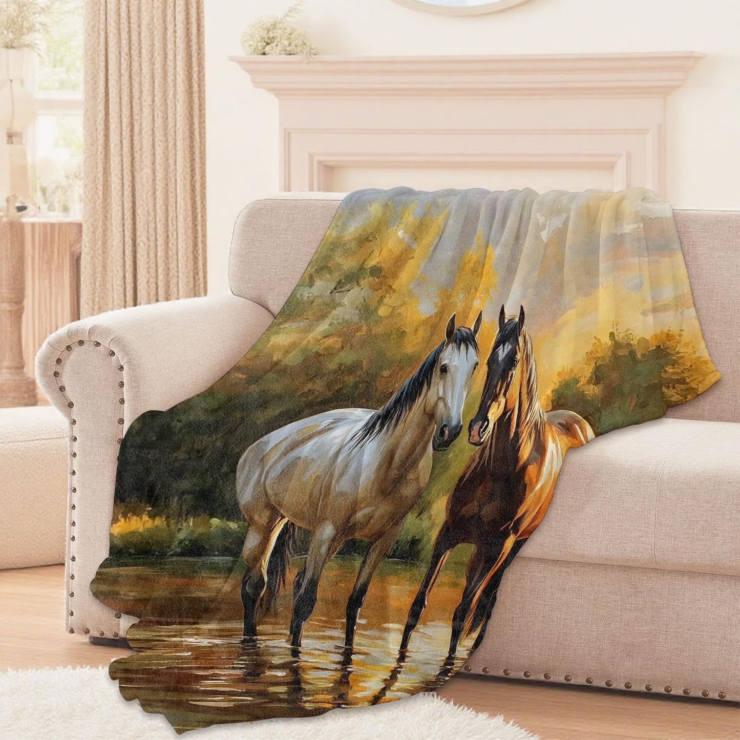 Lugiu Horse Blanket, Lightweight Comfy Sunset River and Tree Botanical Throw for Couch Sofa Bedroom, Soft Cozy Travel Flannel Rustic Peaceful Blankets Gifts for Women Girls Kids, Home Decor 60×50in