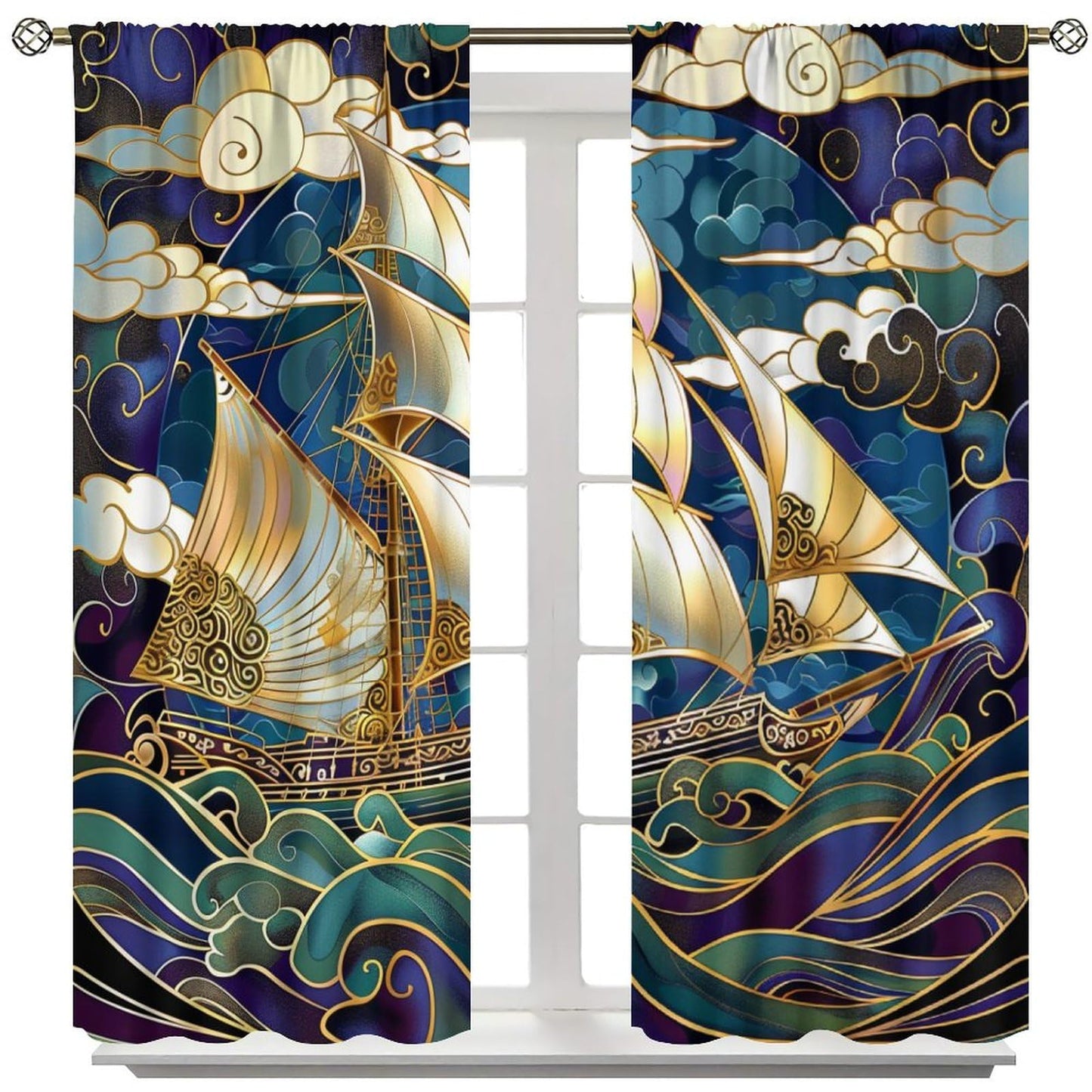 TOWINSFB Abstract Ocean Wave Sailboat Blackout Curtains for Living Room Bedroom, Fantasy Nautical Ship Cloud Window Curtains Rod Pocket Thermal Insulated Window Drapes, 2 Panels, Each 21W x 45L
