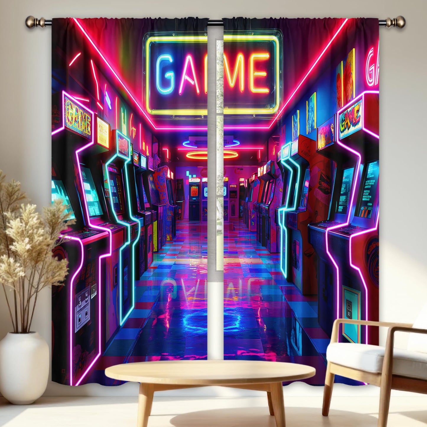 LIGHTINHOME Neon Arcade Game Curtains 52Wx84H Inch Extra Wide Gamer Gaming Cool 80s 90s Bedroom Decor for Boys Kids 2 Panels Rod Pocket Living Room Window Drapes Treatment Fabric