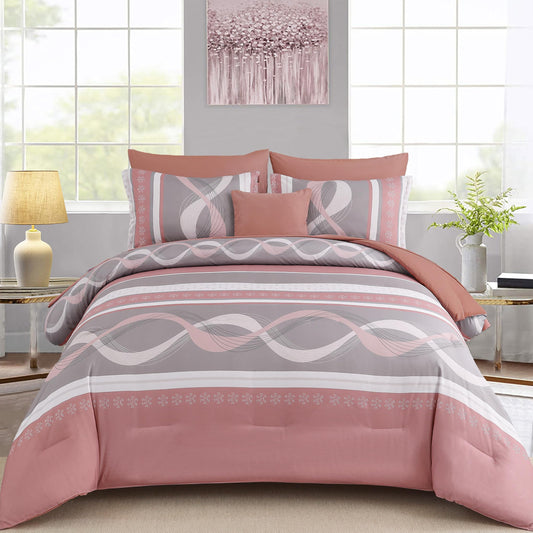 Anibedding Comforter Set King Size,8 Pieces Pink Boho Bed in a Bag Patchwork Striped Comforter Set, Soft Microfiber Bedding Set for All Season(104"×90")