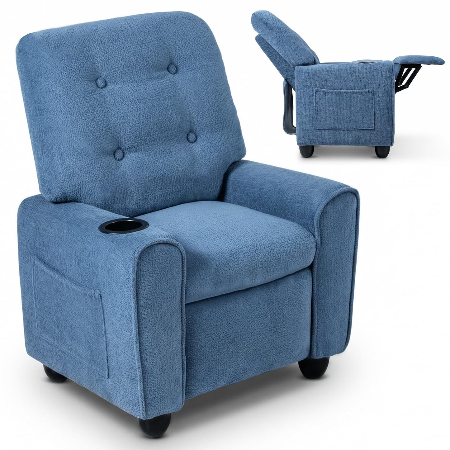 INFANS Kids Recliner, Toddler Lounge Chair with Adjustable Backrest Footrest Cup Holder Side Pockets, Velvet Leather Toddler Couch