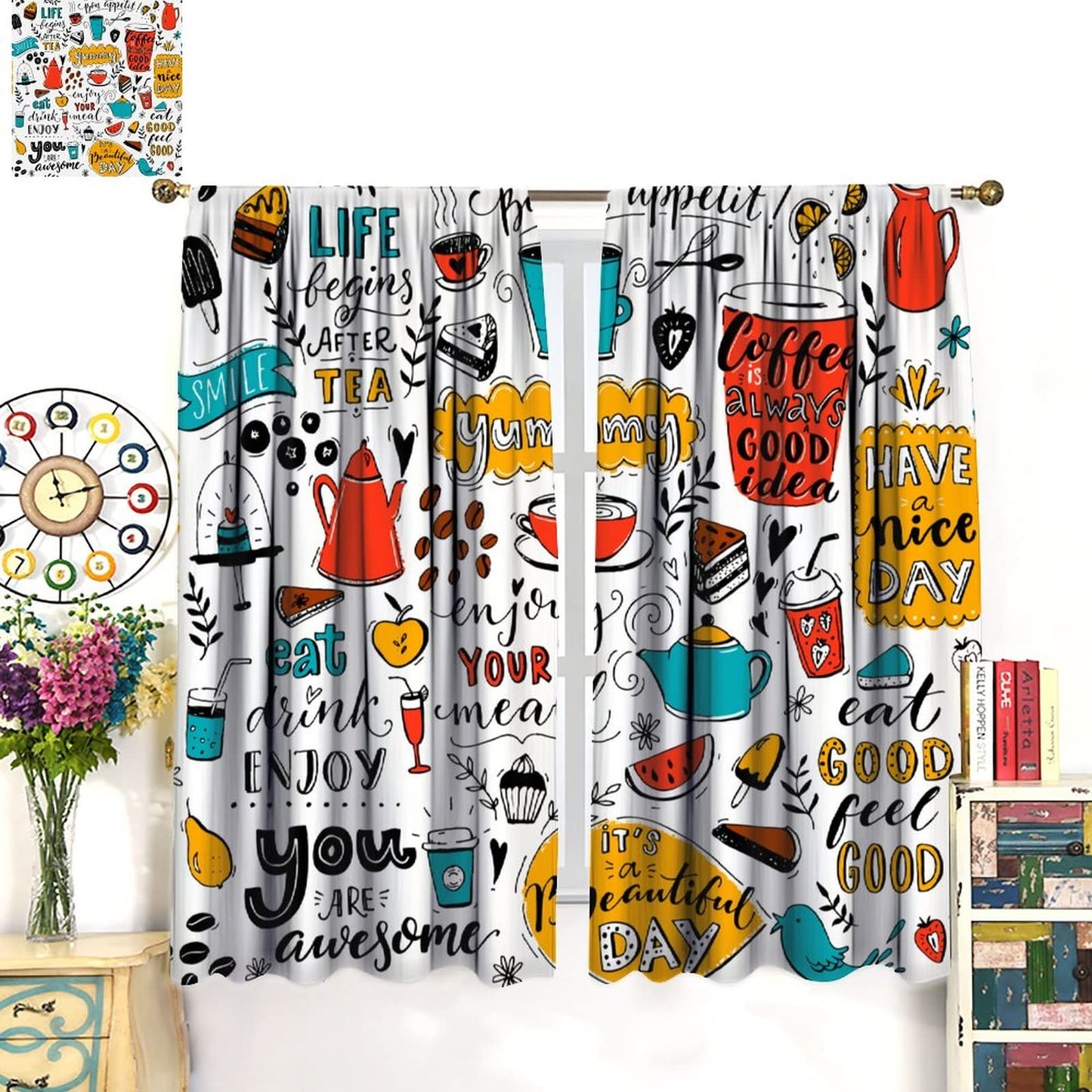 DDCBNS Coffee Curtains,Coffee Theme Rustic Drink Dessert Window Treatments for Kitchen Café Dining Room Modern Cute Window Drapes 2 Panels Set,Total Size 42 x 45 Inch