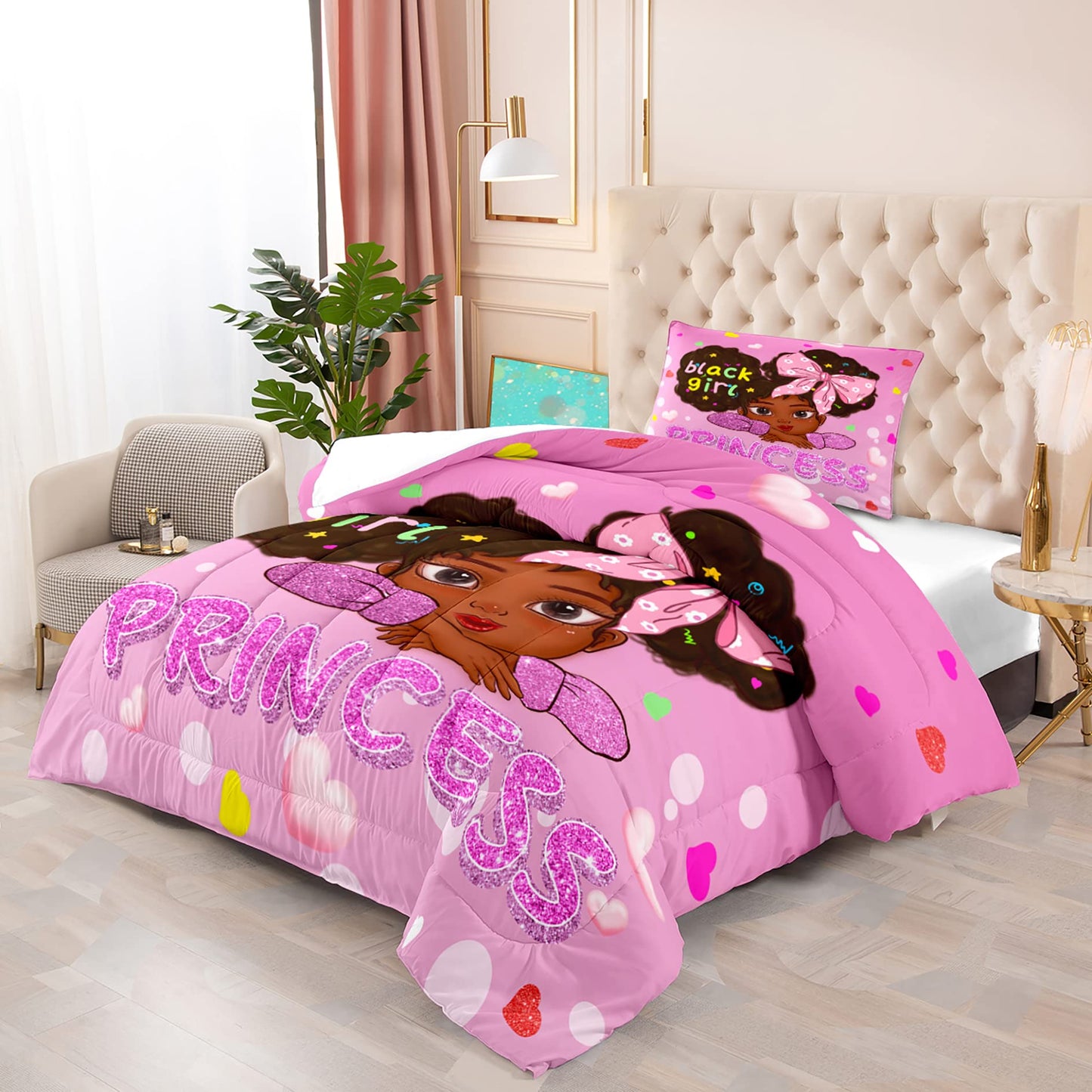 Jiospet Black Girls Comforter Twin - Black Girl Comforter Set for Kids Bedroom Pink Princess Room Decor Kids Bedding Sets for Girls, 1 Comforter +1 Pillowcase