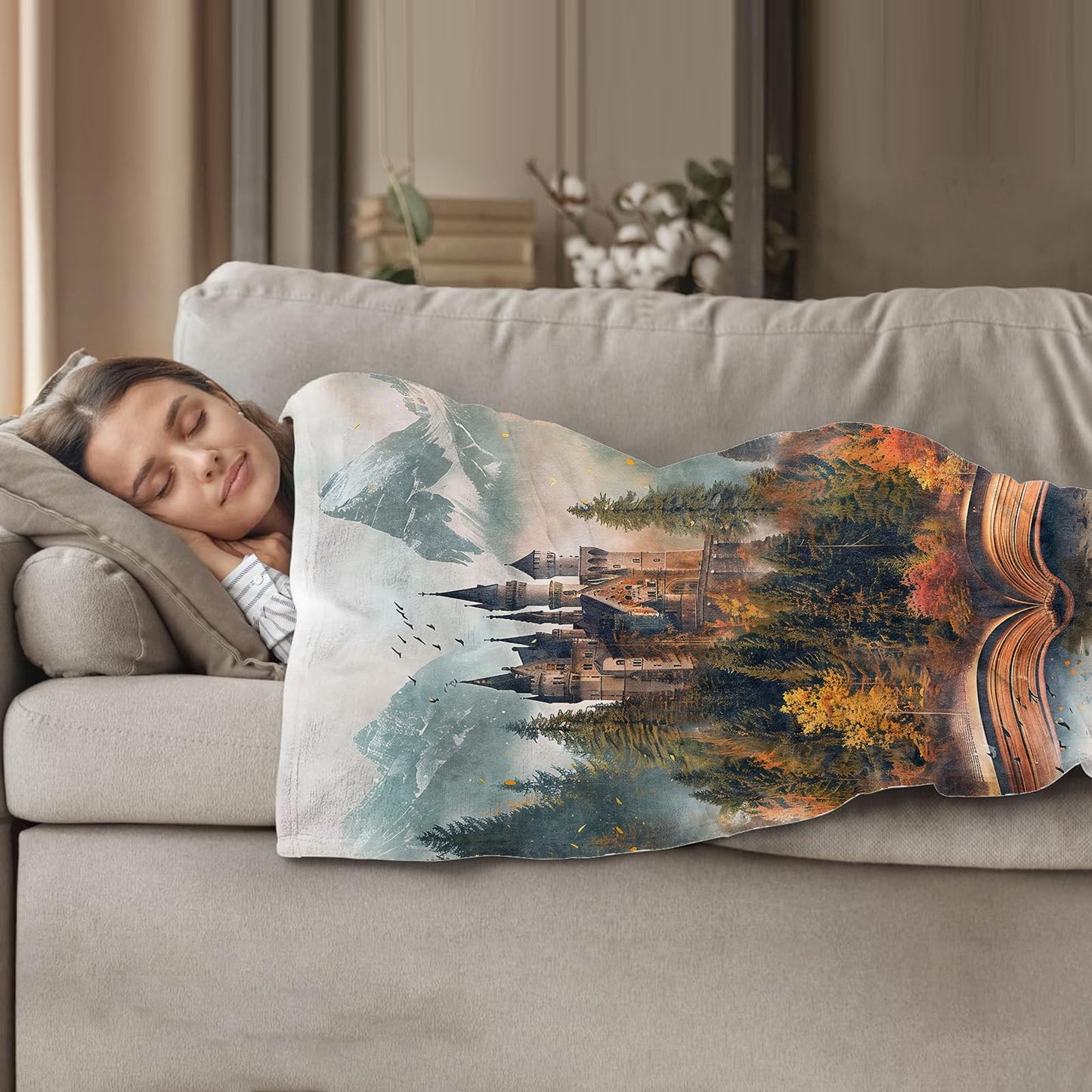 Plistiz Fairy Tale Castle Book Throw Blanket for Women Girls Boys, Soft Flannel Blankets Gifts for Living Room Couch, Home, Sofa Decor, 50"x60"