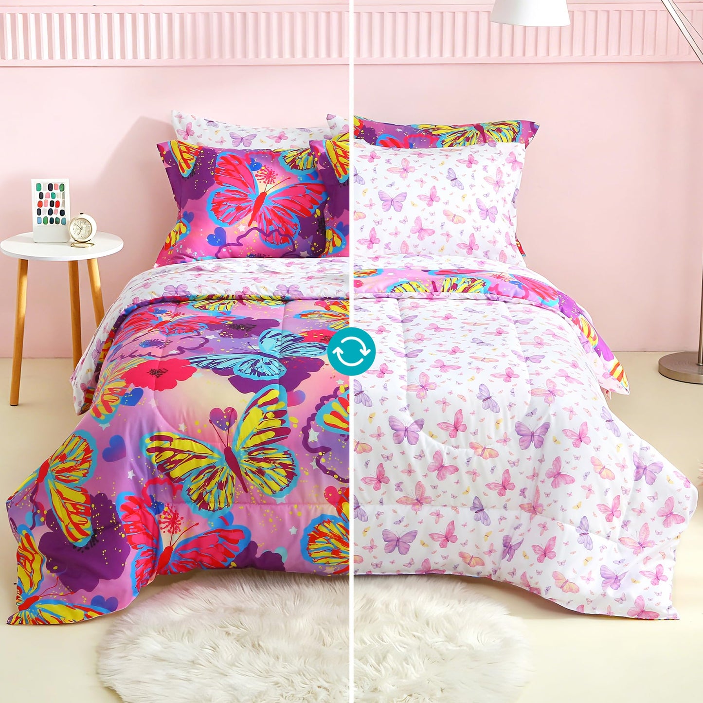 Mooreeke Kids Twin Comforter Sets for Girls 6 Pieces Pink Purple Bedding Set for Teens Microfiber Butterfly Kids Bed in A Bag with Comforter, Sheet Set, Shams and Decorative Toy Pillow