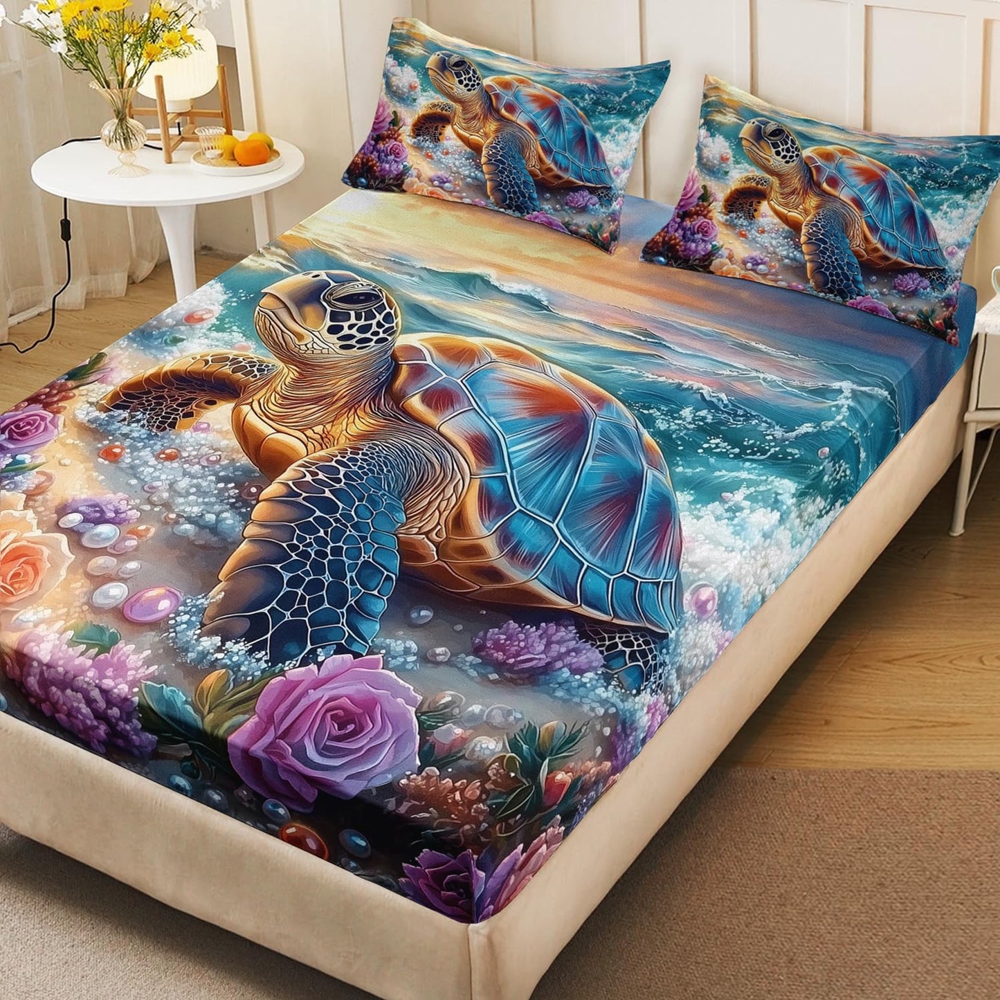 HOSIMA Sea Turtle Twin Fitted Sheet for Boys Room Decor,Blue Sea Turtle Srrounded by Flowers Pearl Print Coastal Bedding,Ocean Themed Bedding for Teens Girls,1 Fitted Sheet+2 Pillowcases.