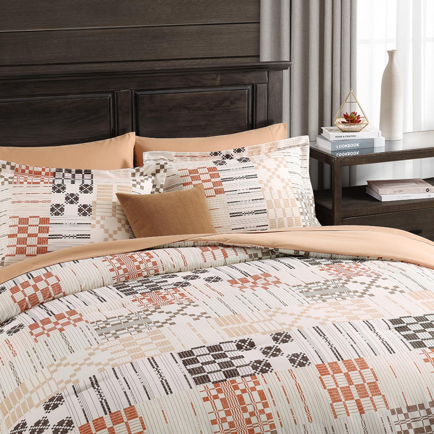 MaiRêve Queen Comforter Set, Classic Plaid Farmhouse Bedding Sets 7 Pieces, Beige All Season Bed in A Bag with Sheets, Pillowcases & Shams