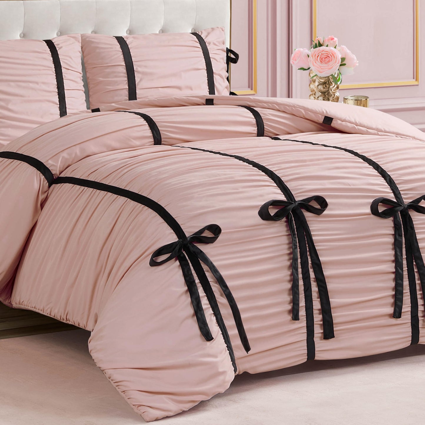 Juicy Couture Light Pink Amelie Velvet Bows Ruched King Comforter Set - 3 Piece Stylish Bedding Ensemble