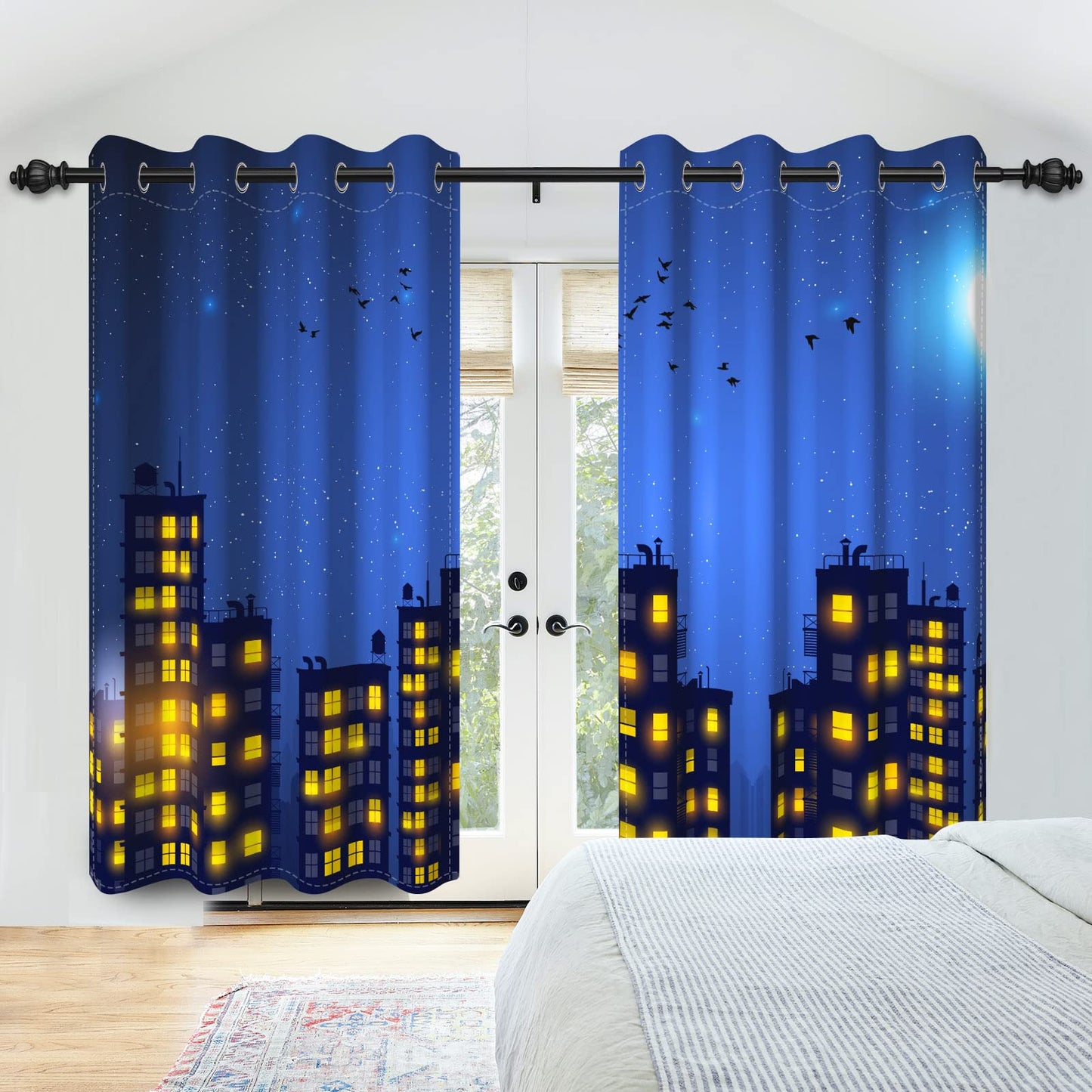 SIEDYCV 21x45inches Superhero City Curtains Humor Cartoon Comic Super Hero City Skyline Buildings Window Drapes 2 Panels Room Darkening Thermal Insulated Window Curtains for Boys Bedroom Living Room