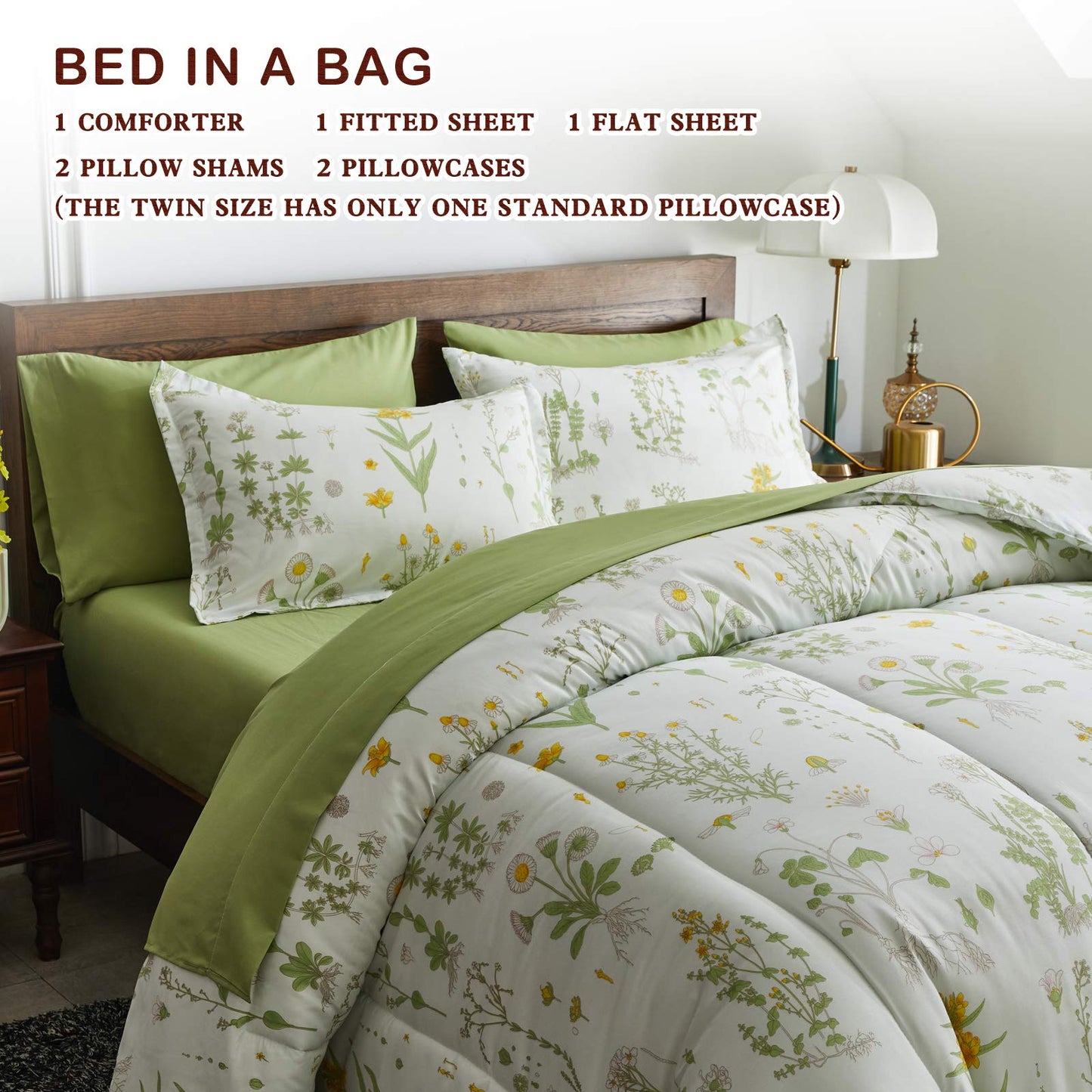 Joyreap 6 Piece Bed in a Bag Twin, Green Leaves Yellow Flower Botanical Design, Smooth Soft Microfiber Comforter Set (1 Comforter, 2 Pillow Shams, 1 Flat Sheet, 1 Fitted Sheet, 1 Pillowcase)
