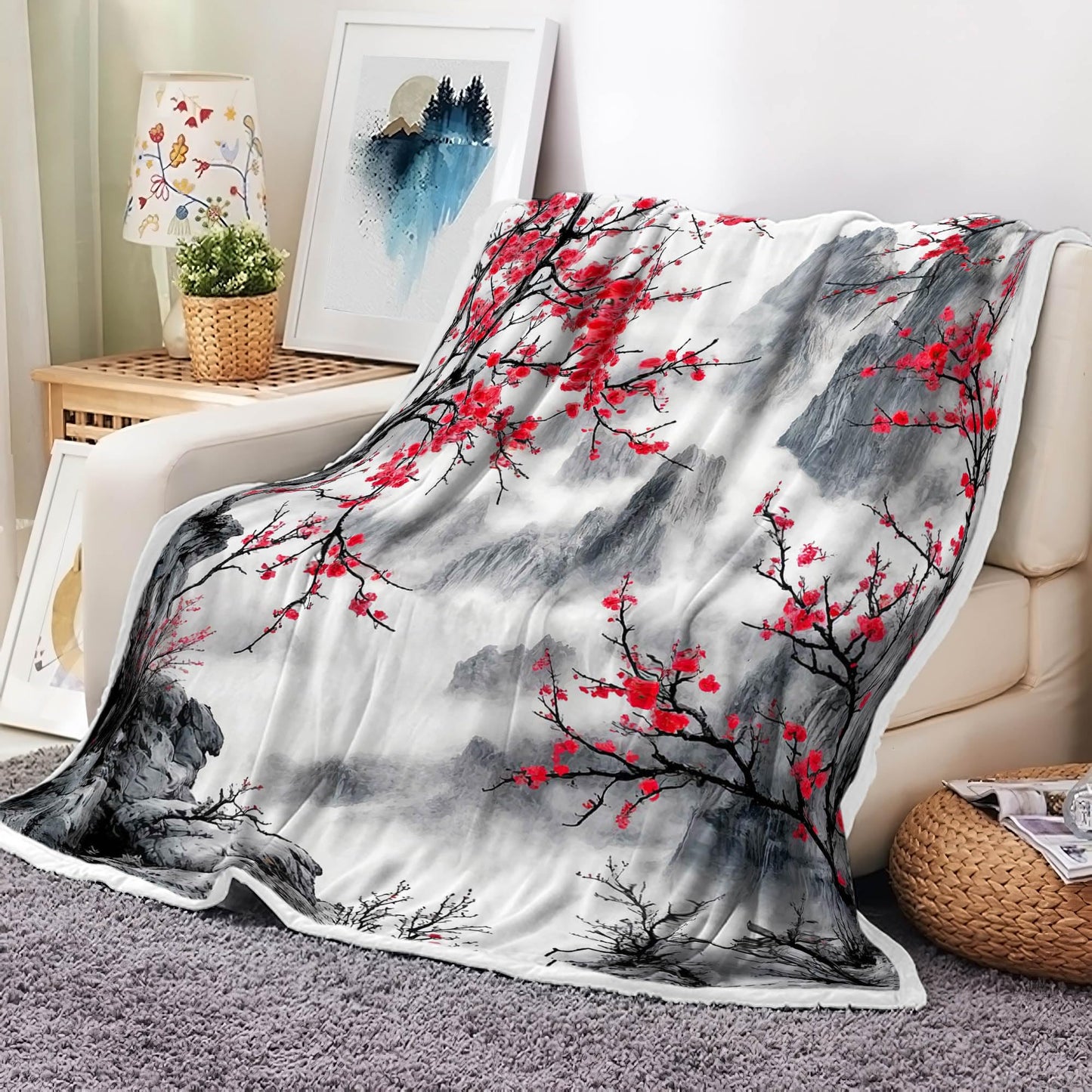 DYNH Japanese Cherry Blossom Throw Blanket, Asian Nature Landscape Mountain Cherry Branches Ink Painting Soft Warm Flannel Black White Grey Throw Blanket,50X60