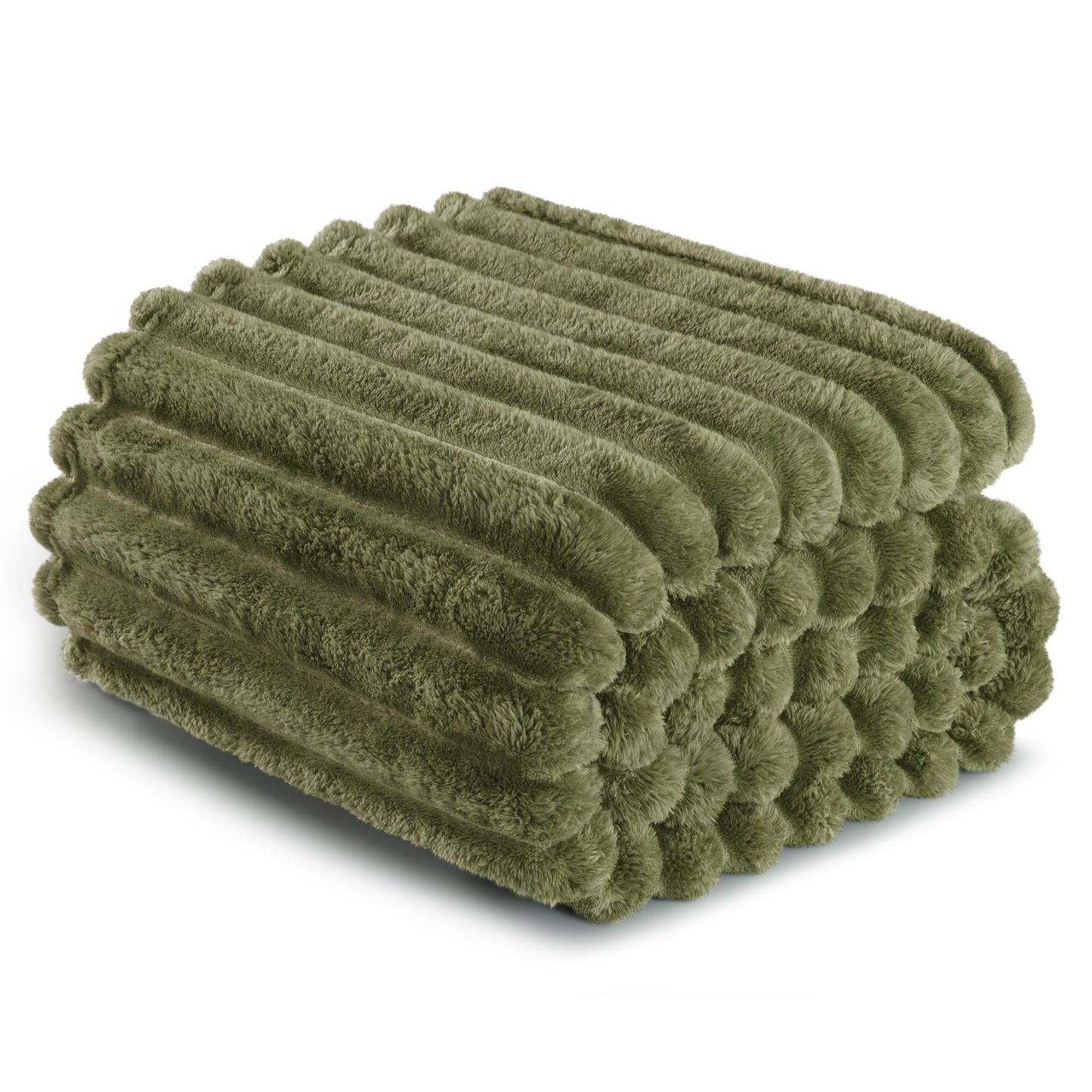 Exclusivo Mezcla Fleece Throw Blanket for Couch, Super Soft Striped Jacquard Bed Blanket, Lightweight Fuzzy Cozy for All Seasons, 50x60 Inches, Olive Green