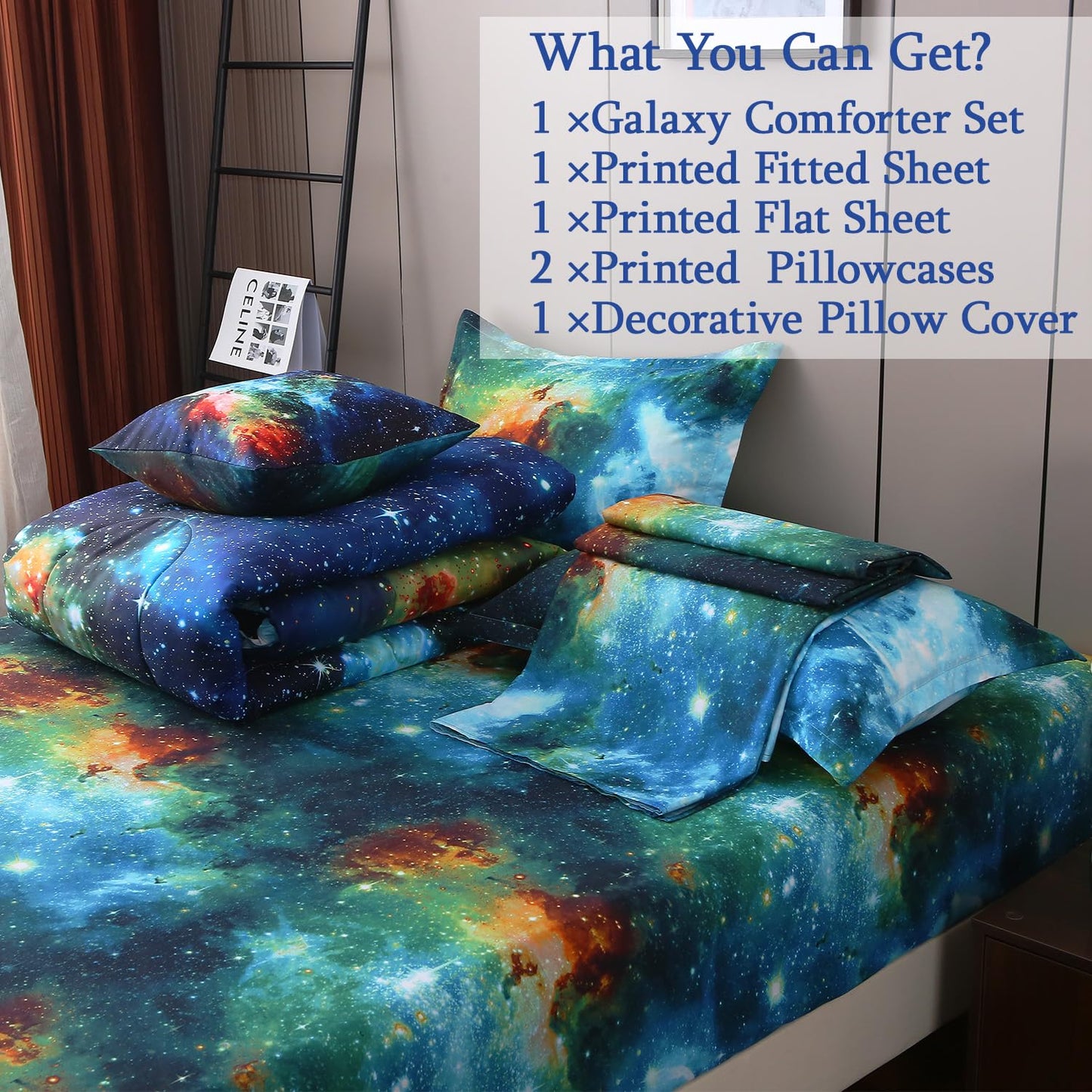 JQinHome Twin Galaxy Comforter Sets 6 Piece Bed in A Bag, Outer Space Themed Bedding for Children Boy Girl Teen Kids,1 Comforter, 1 Flat Sheet, 1 Fitted Sheet, 2 Pillowshams, 1 Cushion Cover(Blue)