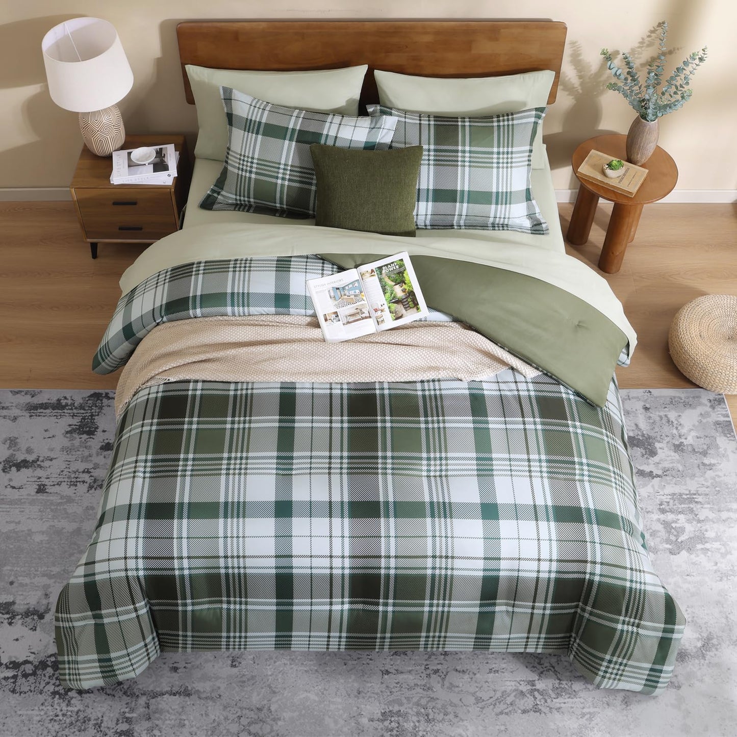 MaiRêve Plaid Queen Comforter Sets Olive Green, Classic Farmhouse Bedding Set Bed in a Bag 7 Pieces, Lightweight All Season Comforter Set with Fitted & Flat Sheet, Pillowcases & Shams