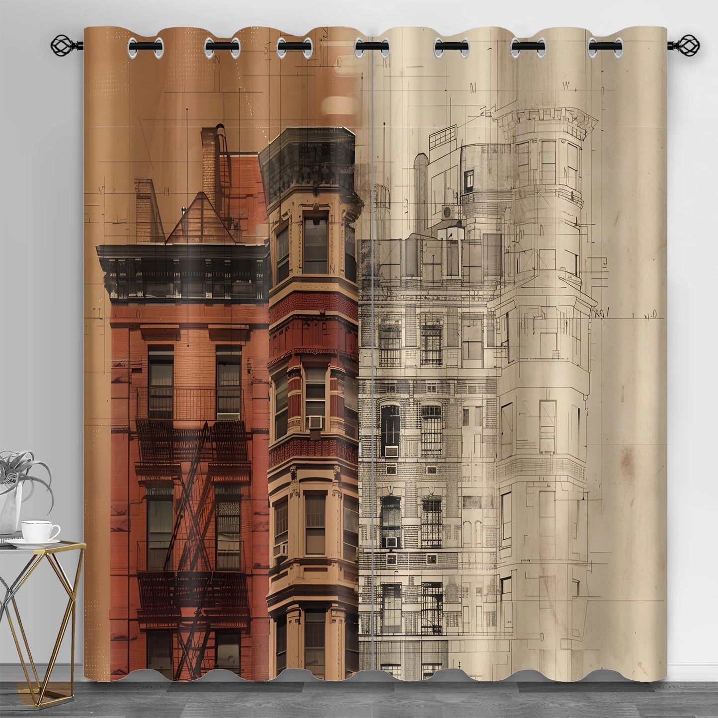 XAFIAUR Retro Architecture Curtains,City Blackout Curtains Artistic Illustration Grommet Drapes 2 Panels for Bedroom Living Room 31.5" W x 63" L x2
