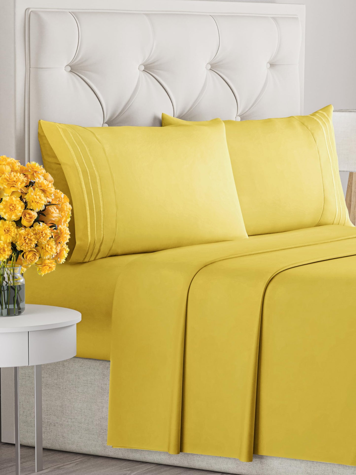 Queen Size 4 Piece Sheet Set - Ultra Soft & Cooling Bed Sheets - Fits 8 Inch to 16 inch Mattress - Wrinkle & Fade Free with Deep Pockets - Easy-Fit, Breathable & Comfy - Hotel Luxury Bedding - Mustard
