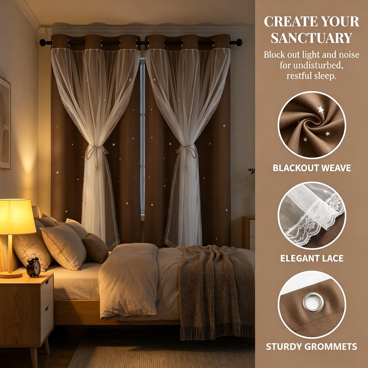 Kinryb 63 Inch Long Star Cut-Out Blackout Curtains for Bedroom Mix and Match Curtain for Kids Girls Bedroom Thermal Insulated Drape 42" W x 63" L Coffee 2 Panels