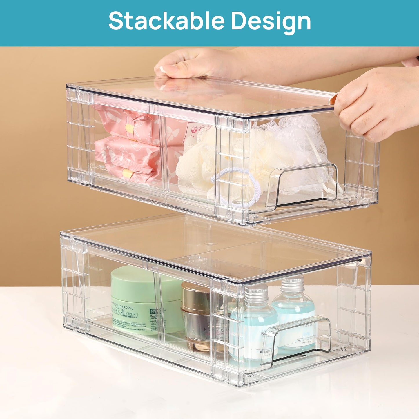 Vtopmart 4 Pack Stackable Storage Drawers,Clear Acrylic Drawer Organizers with Handles, Easily Assemble for Fridge, Bathroom,Kitchen Undersink,Cabinet,Pantry Organization and Storage