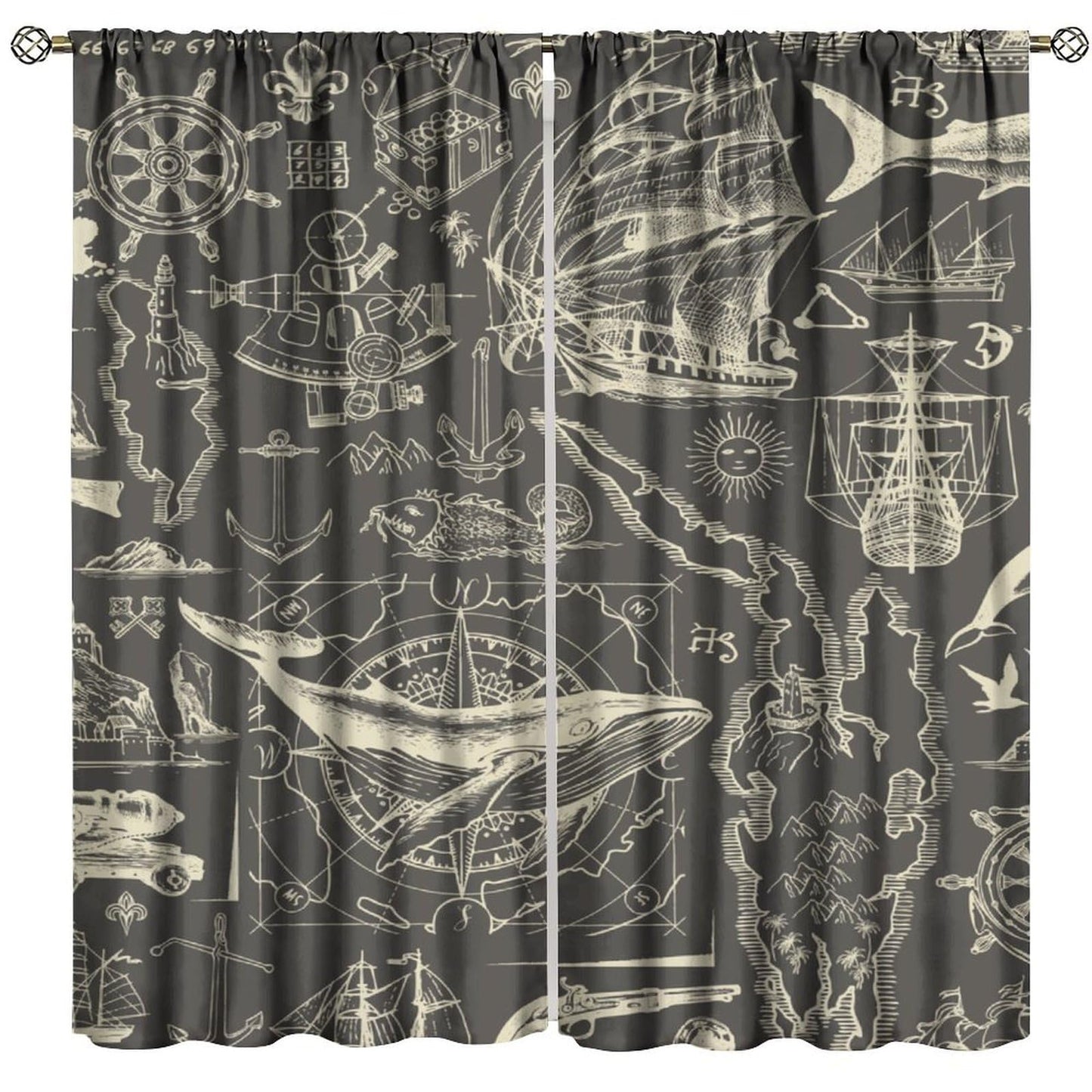 Retro Nautical Coastal Curtains Vintage Ocean Adventure Map Sail Whale Anchor Abstract Rod Pocket Window Treatments For Kids Boys Bedroom Living Room 2 Panels Set 41× 45 in (No Blackout)