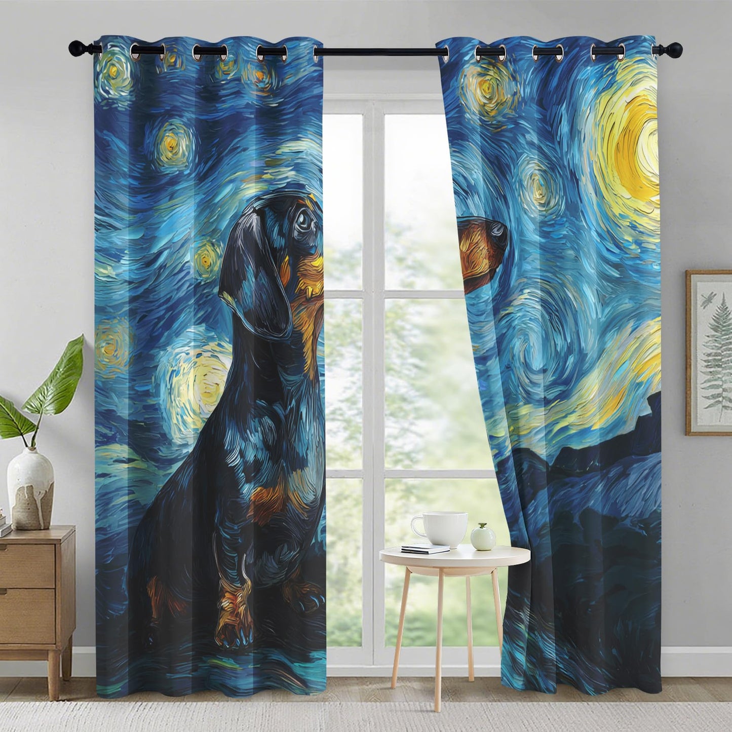 95% Blackout Starry Night Curtains - Oil Painting Dachshund Curtains for Bedroom Living Room Decor, Sausage Dog Home Decor, Thermal Grommet Black Out Drapes 84 Inches Long 2 Panel Set X59