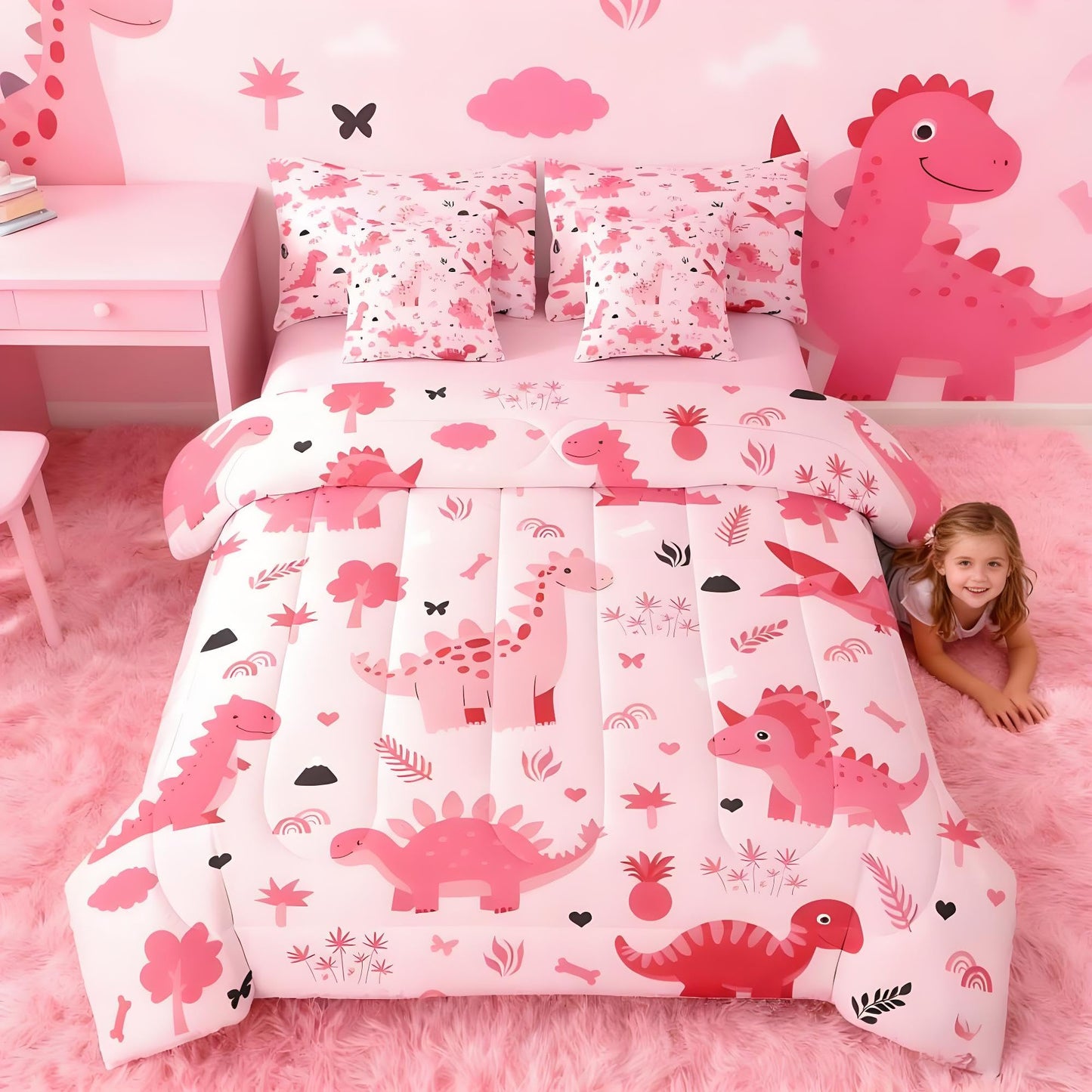 Feelyou Kids Pink Dinosaur Full Comforter Set with Sheets for Kids Boys Girls Cute Dinosaur 7 Pieces Bedding Set Cartoon Animal Bed in a Bag Room Decor Soft Lightweight Microfiber